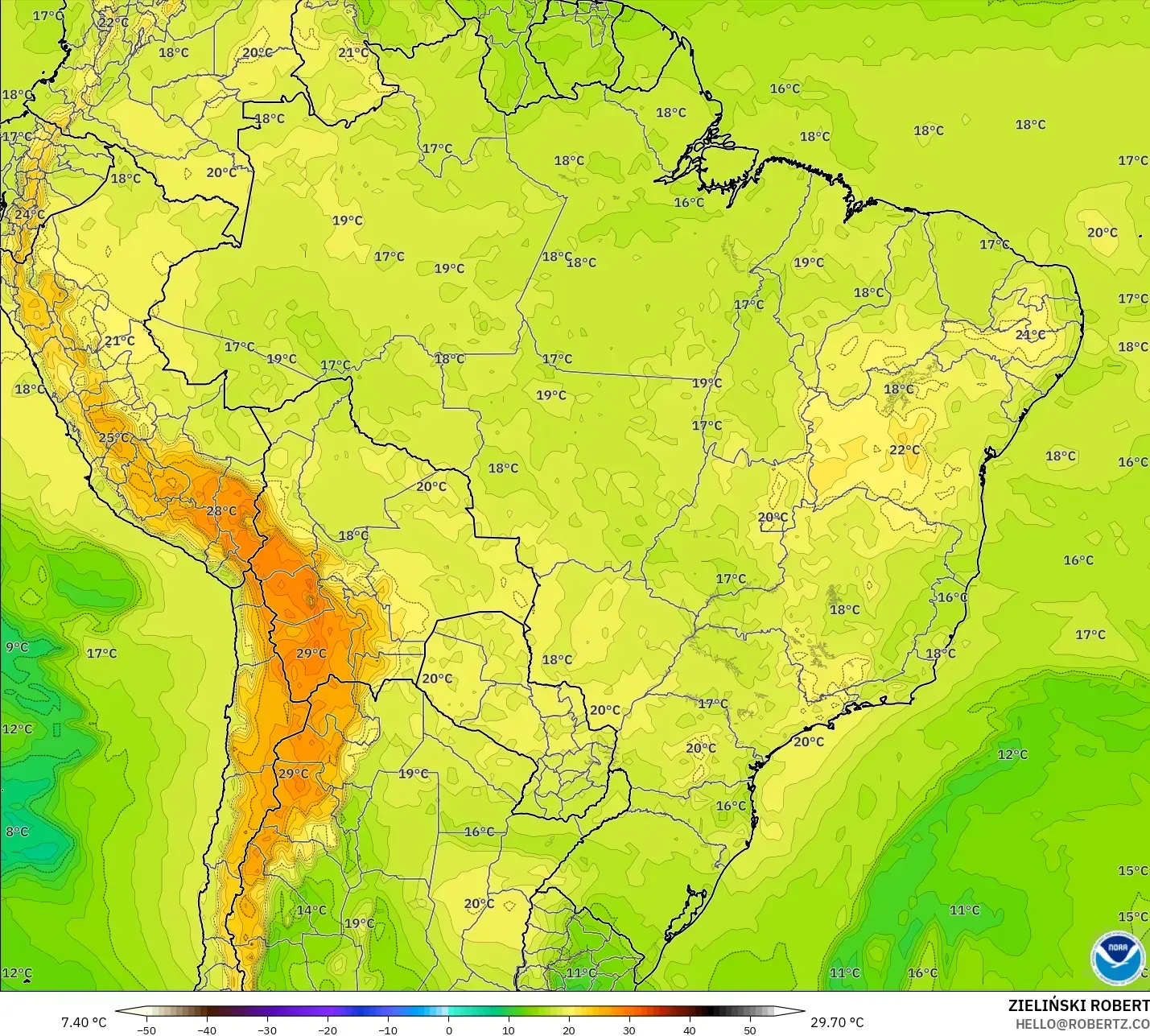 GFS modelo - Brasil, Temperatura a 850 hPa