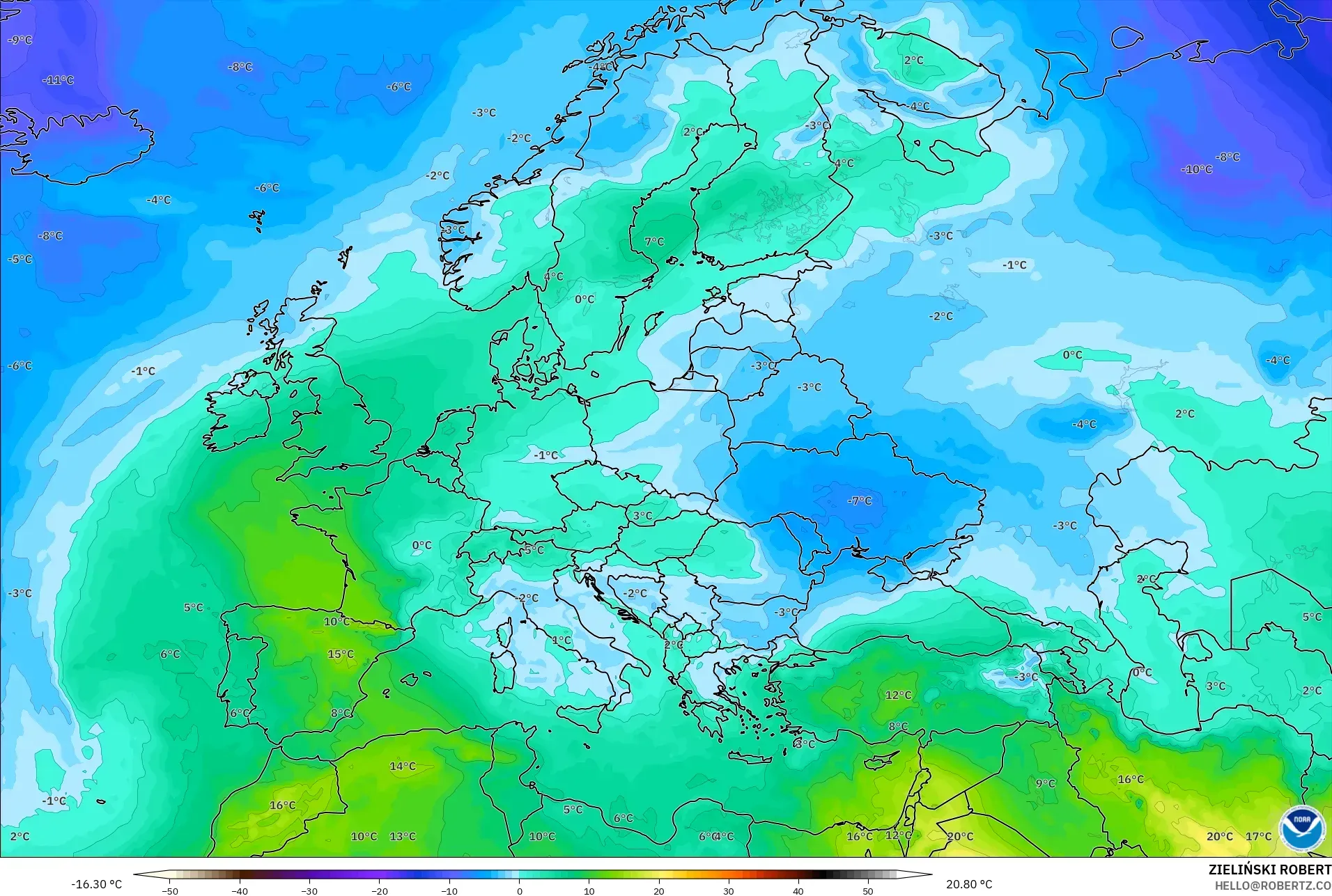 GFS modelo - Europa, Temperatura a 850 hPa