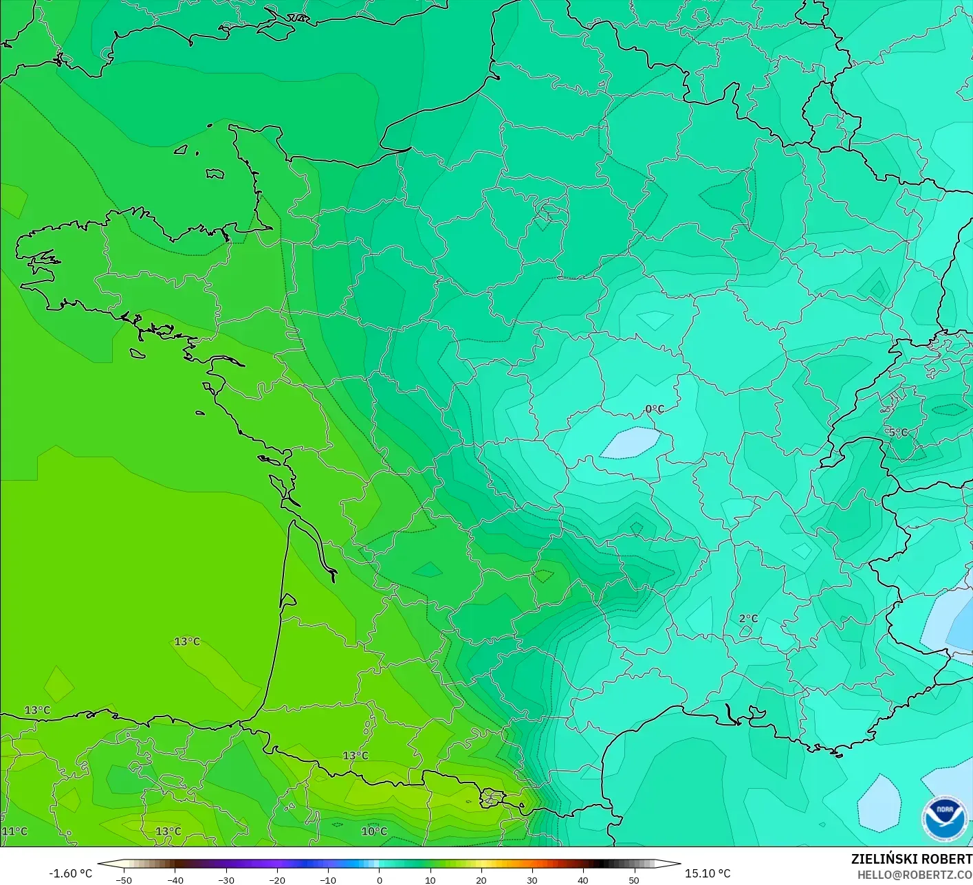 GFS modelo - Francia, Temperatura a 850 hPa