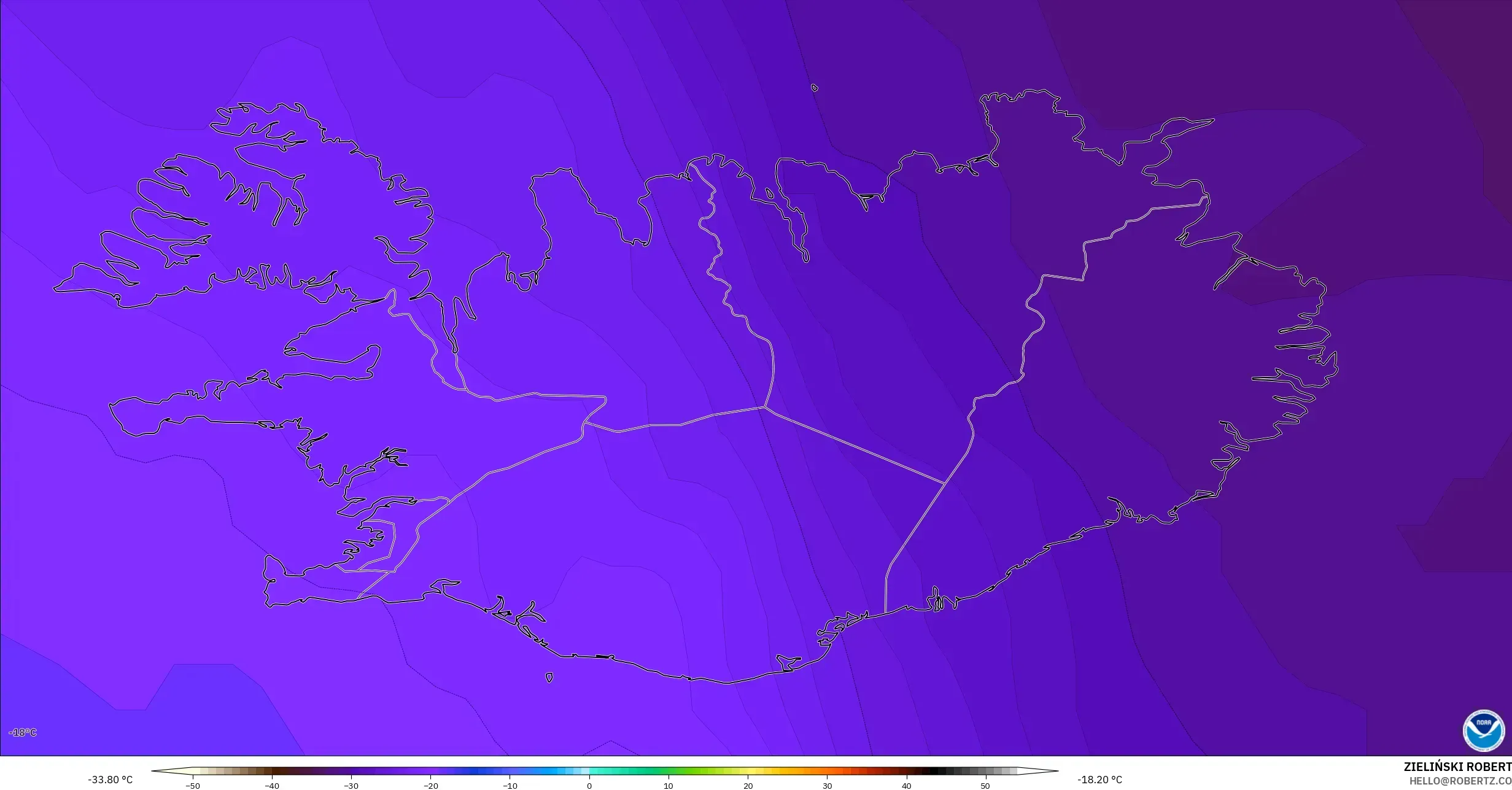 GFS modelo - Islandia, Temperatura a 500 hPa