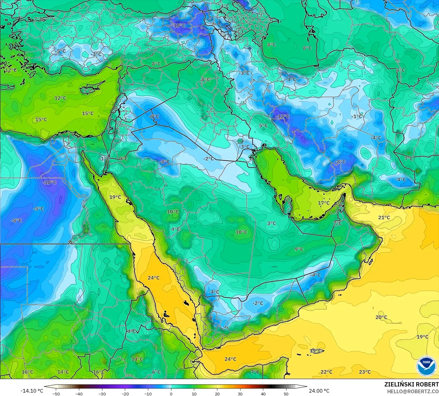 GFS modelo - Oriente Medio, Punto de rocío a 2 m