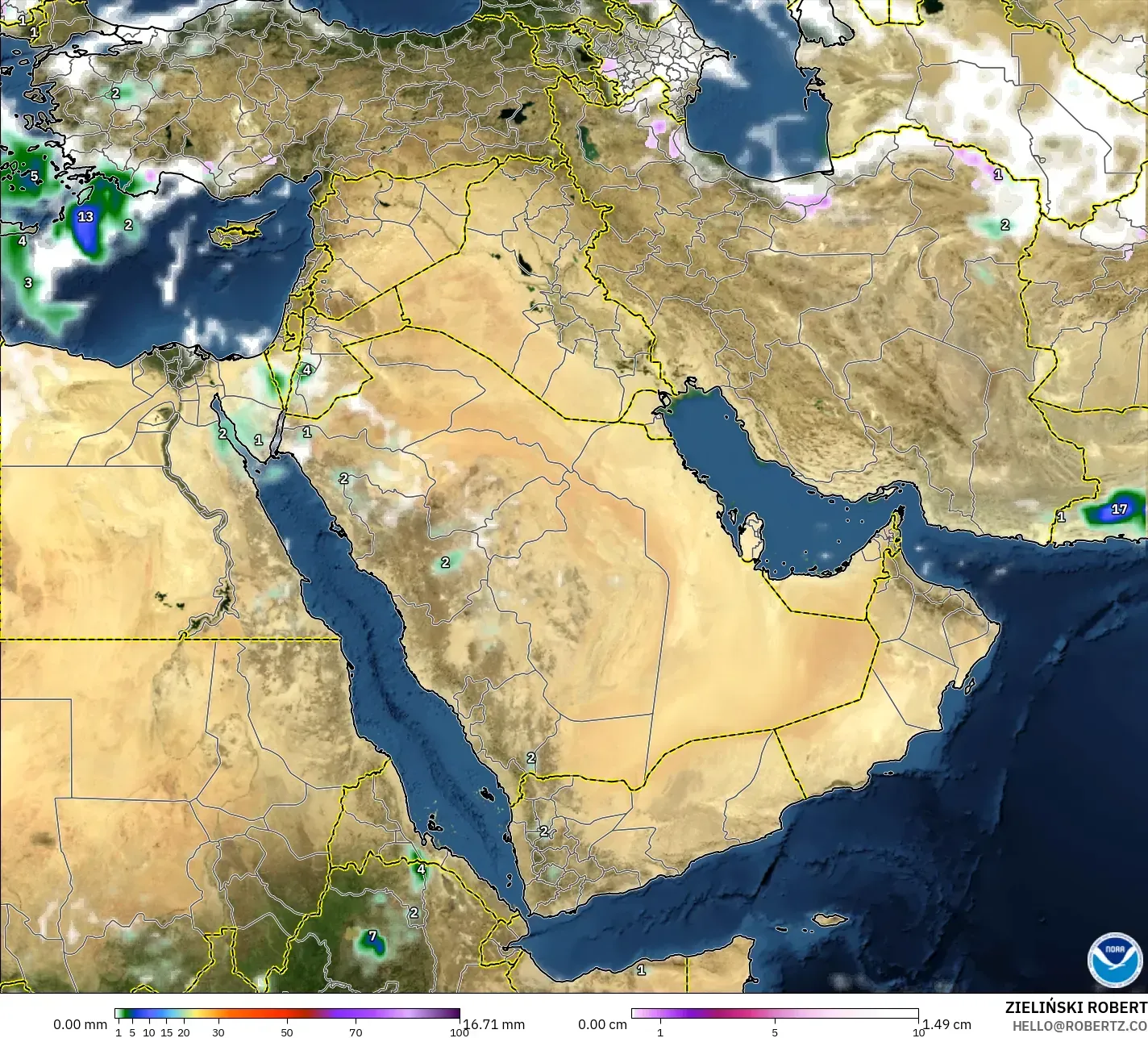 GFS modelo - Oriente Medio, Precipitación, nubes y presión