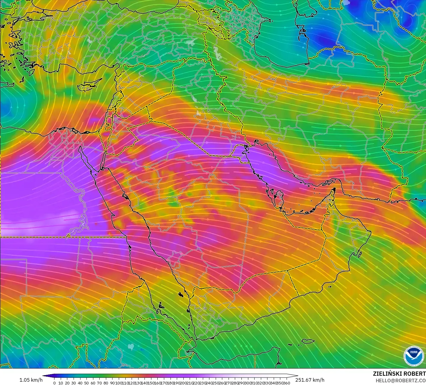 GFS modelo - Oriente Medio, Viento a 300 hPa (corriente en chorro)