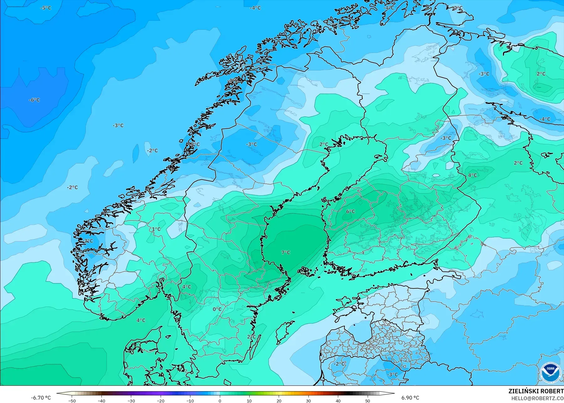 GFS modelo - Escandinavia, Temperatura a 850 hPa