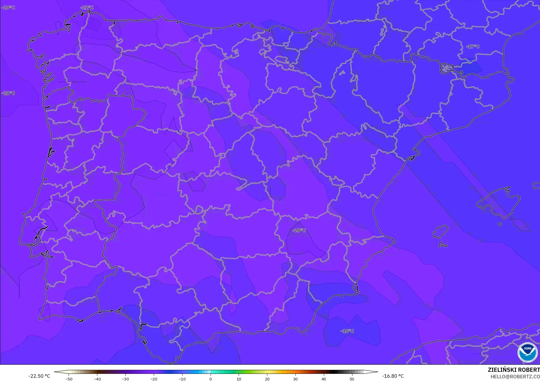 GFS modelo - España, Temperatura a 500 hPa