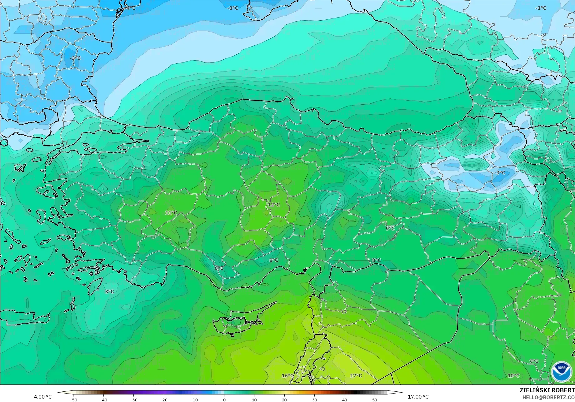 GFS modelo - Turquía, Temperatura a 850 hPa