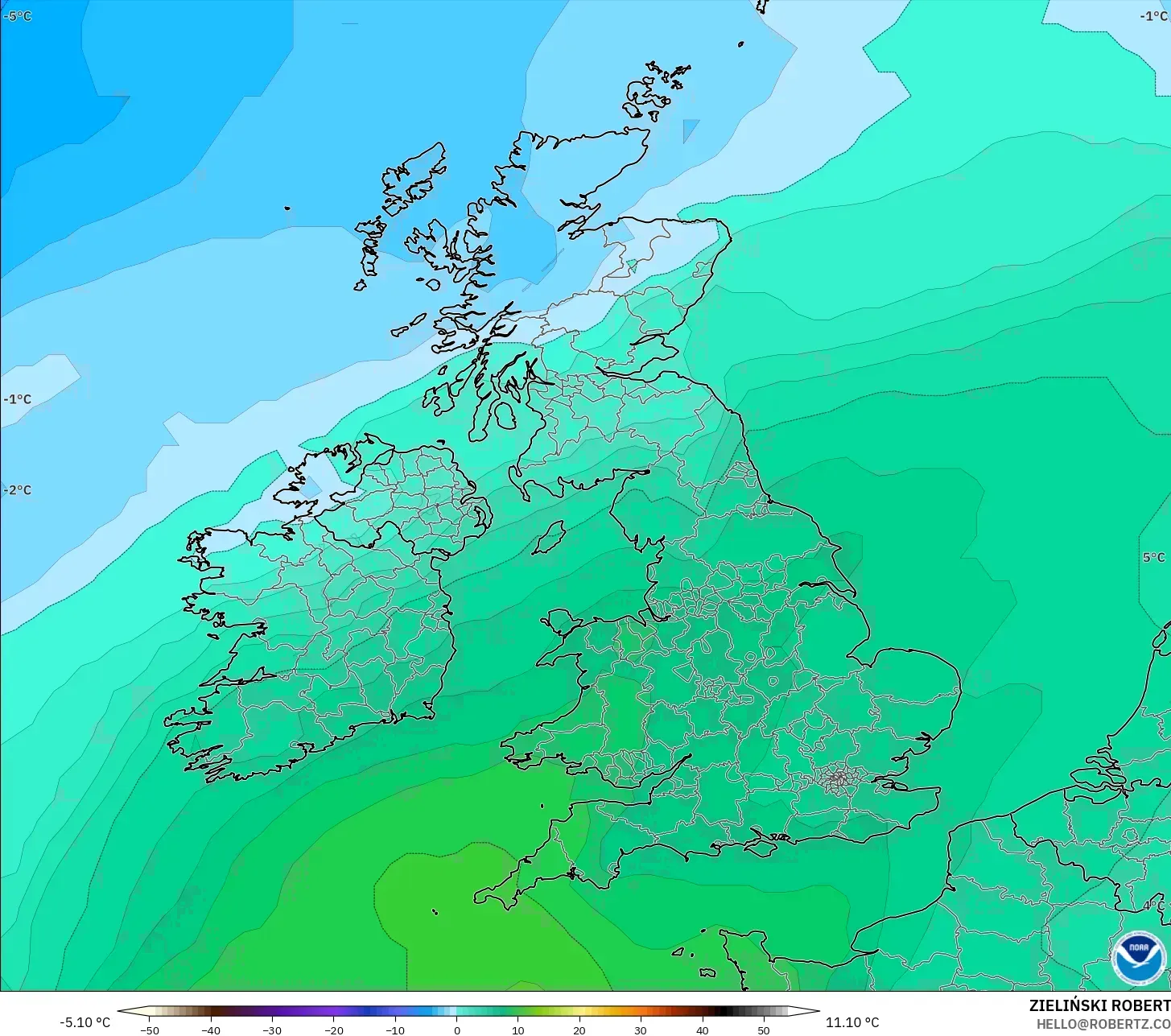 GFS modelo - Reino Unido, Temperatura a 850 hPa
