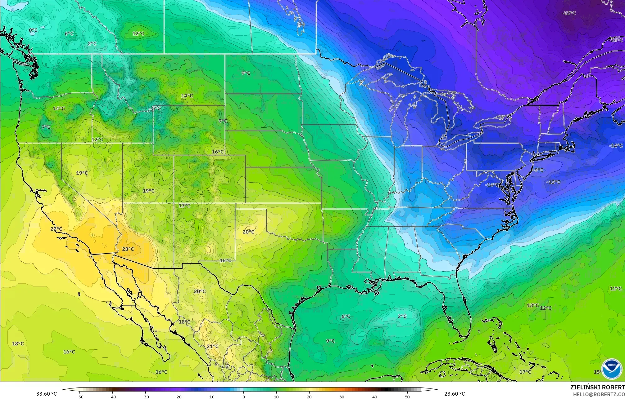 GFS modelo - Estados Unidos, Temperatura a 850 hPa