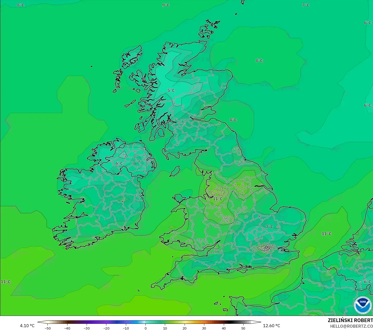 GFS modelo - Reino Unido, Temperatura a 2 m