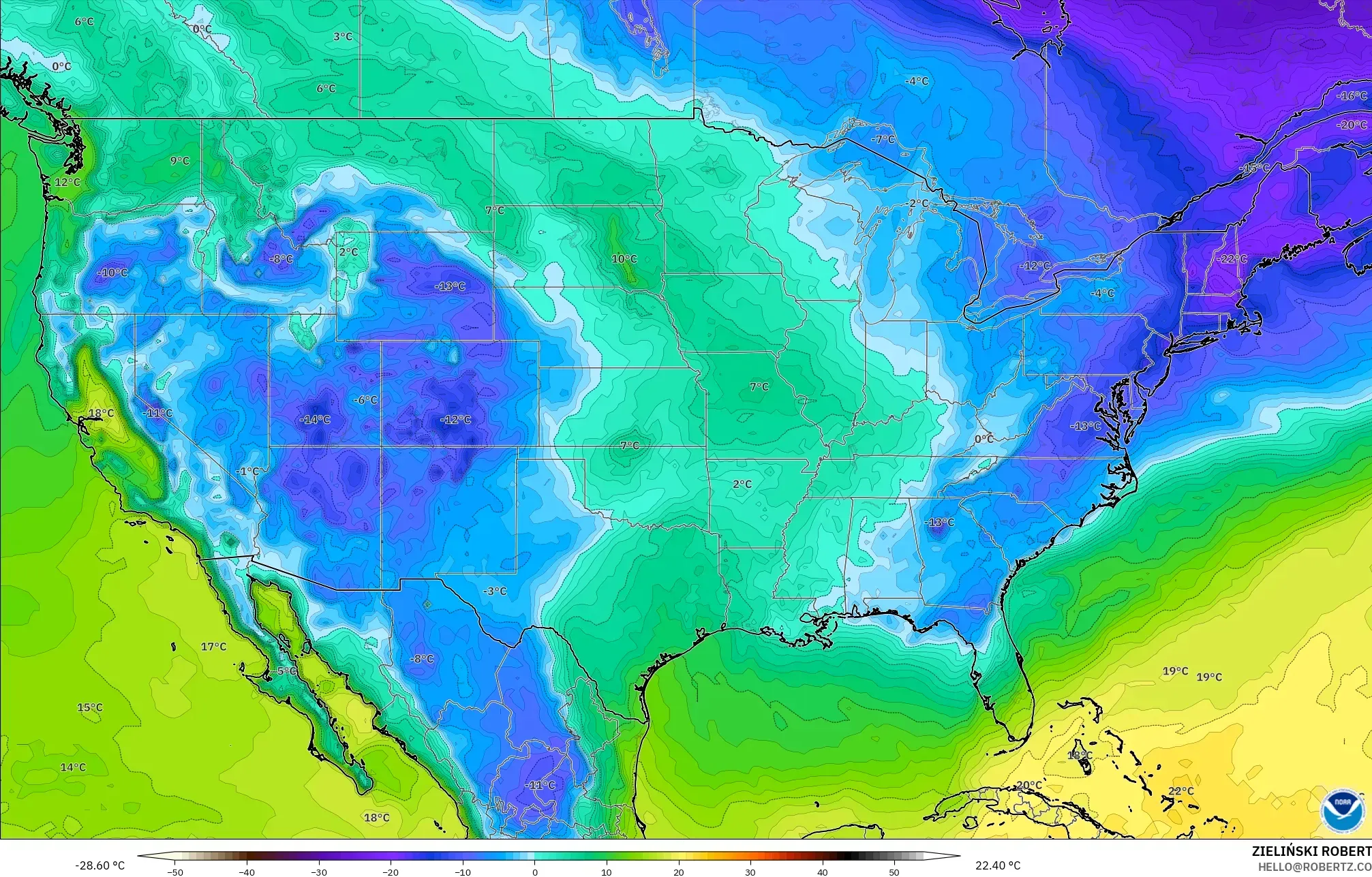 GFS modelo - Estados Unidos, Punto de rocío a 2 m