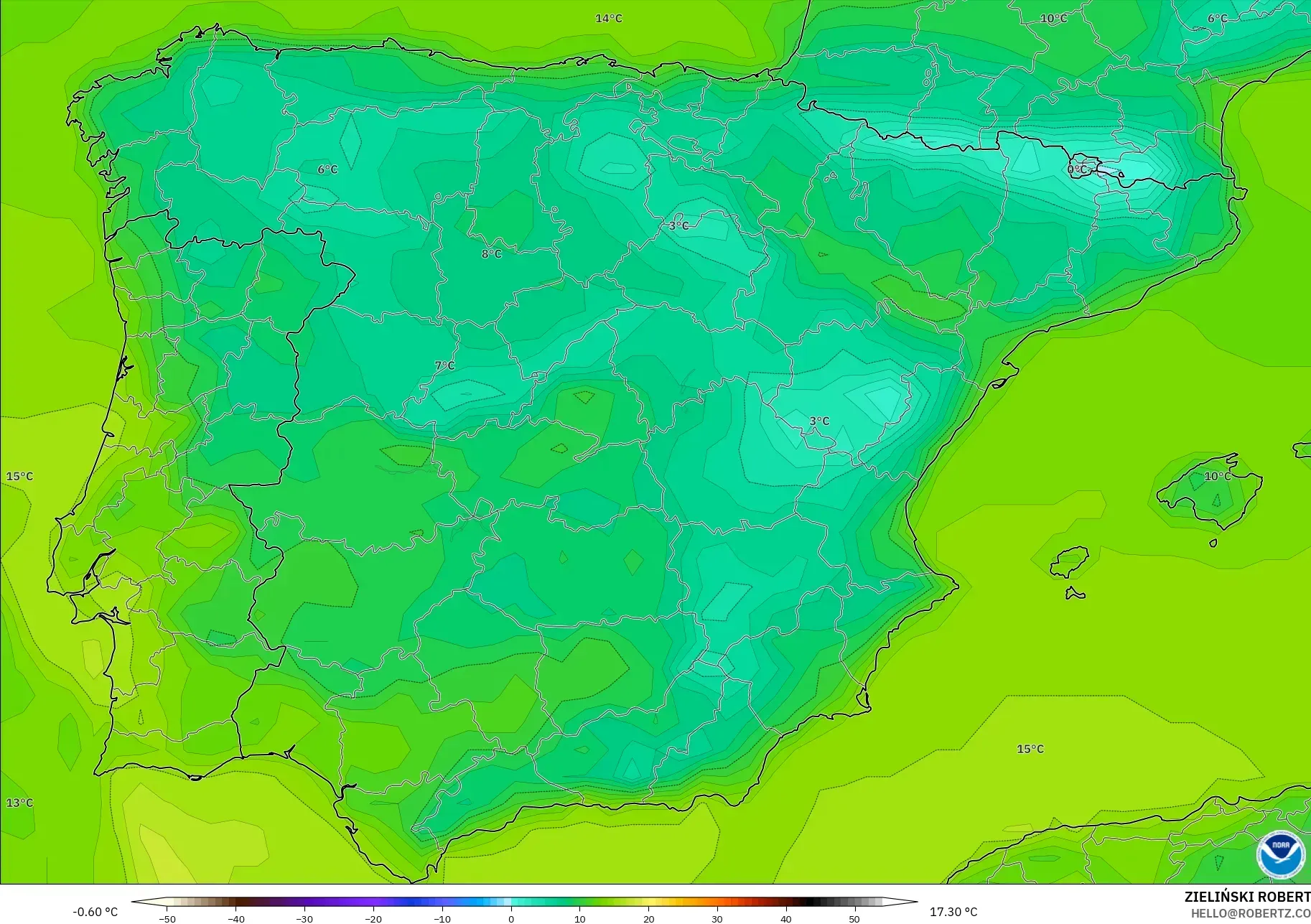 GFS modelo - España, Temperatura a 2 m