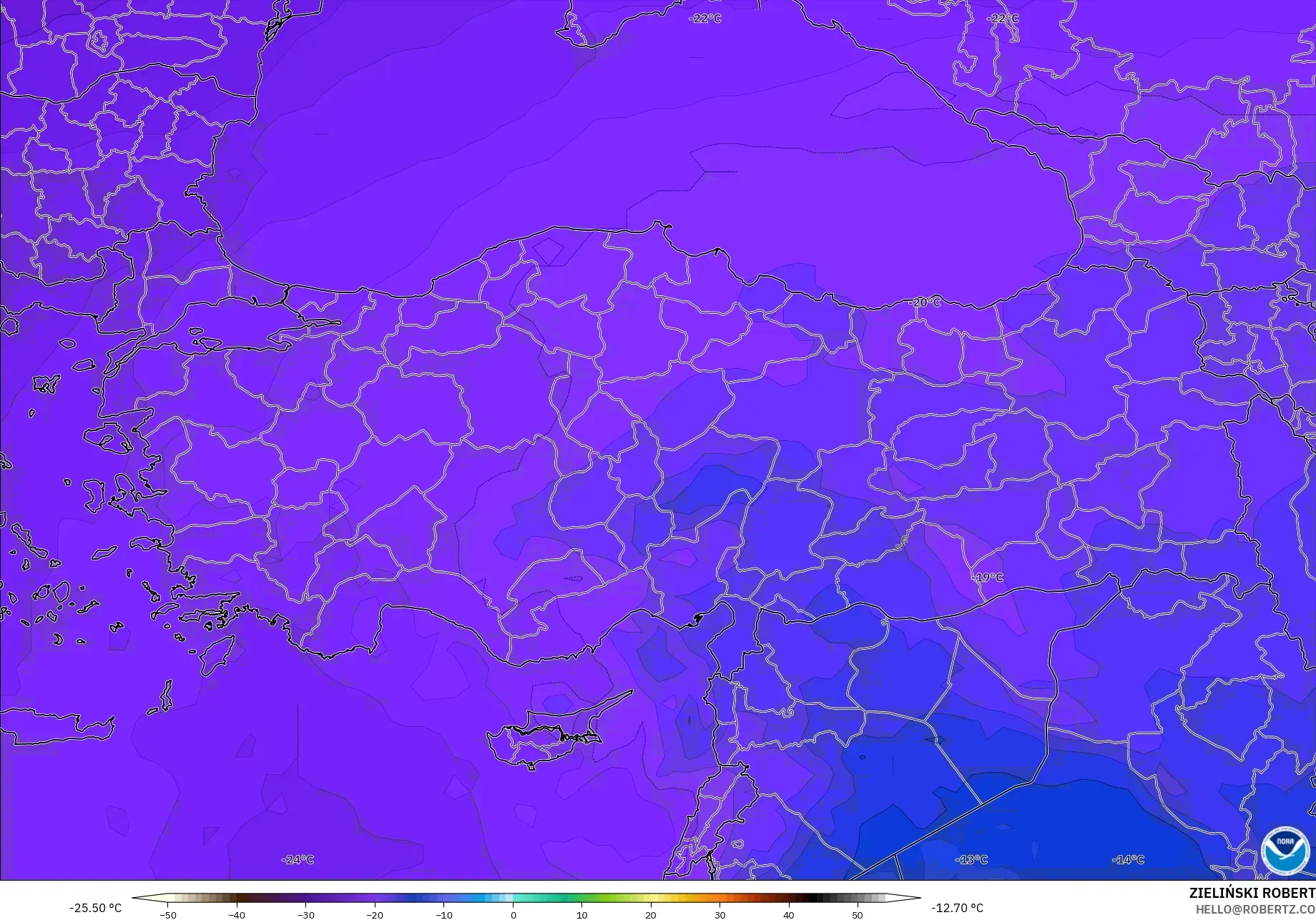 GFS modelo - Turquía, Temperatura a 500 hPa
