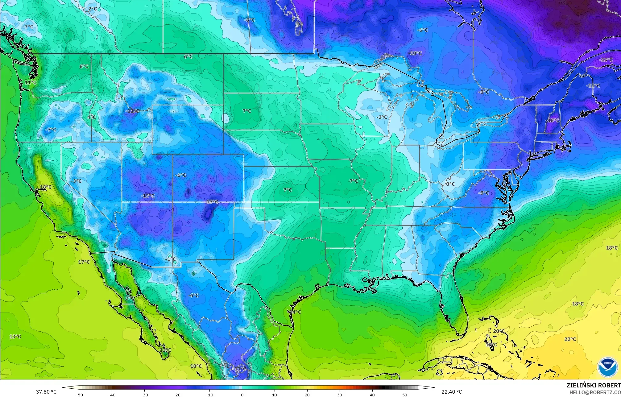 GFS modelo - Estados Unidos, Punto de rocío a 2 m