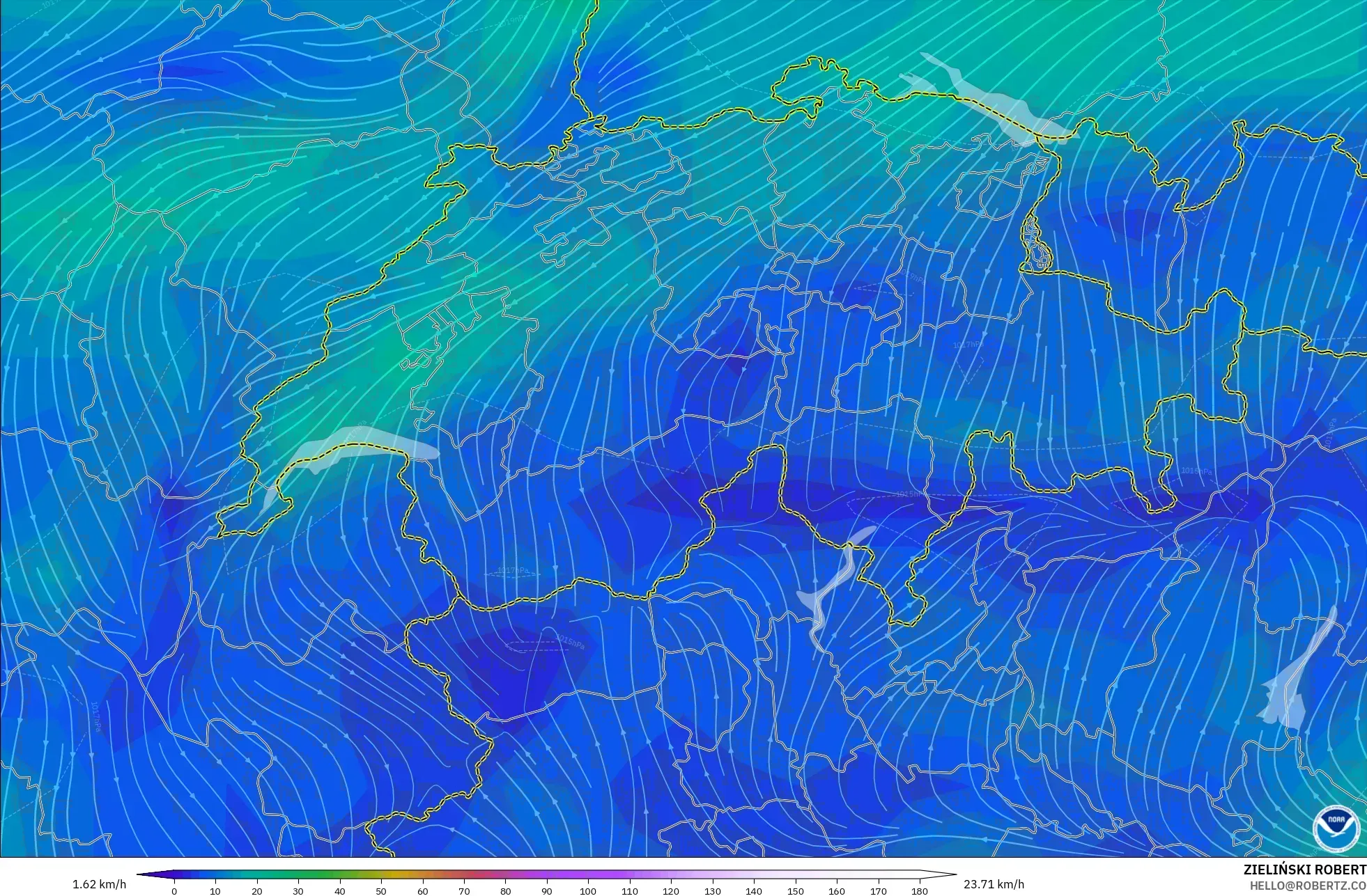 GFS modelo - Suiza, Viento a 10 m