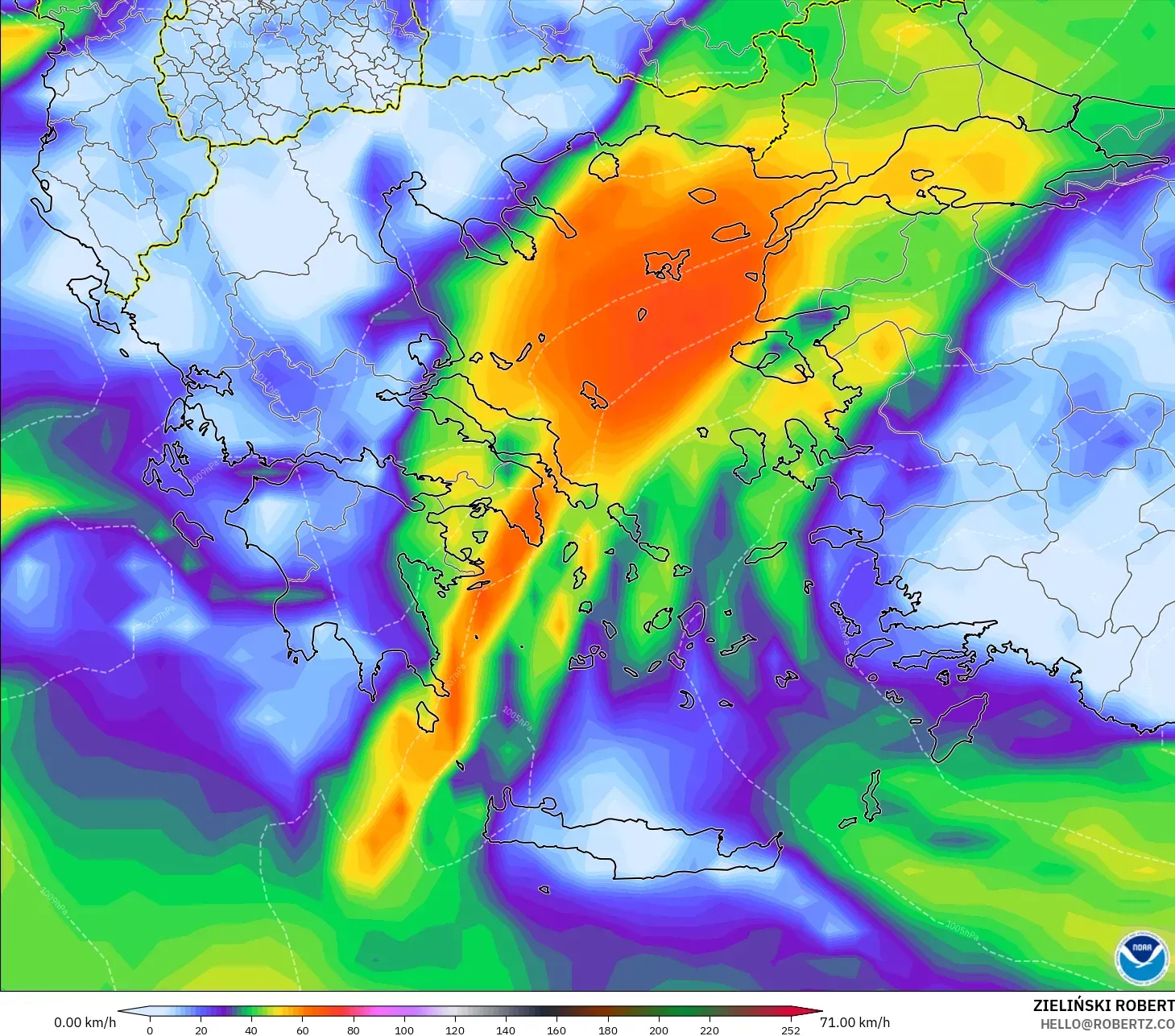 GFS modelo - Grecia, Ráfagas de viento