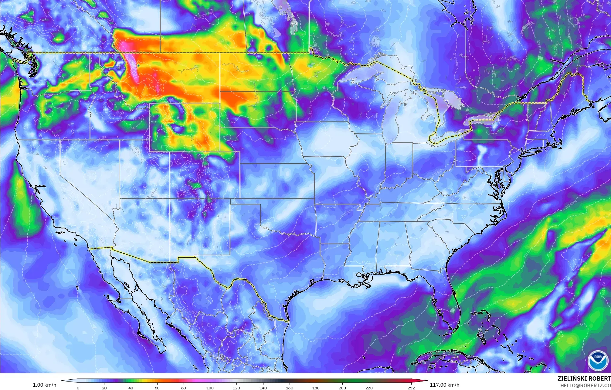 GFS modelo - Estados Unidos, Ráfagas de viento