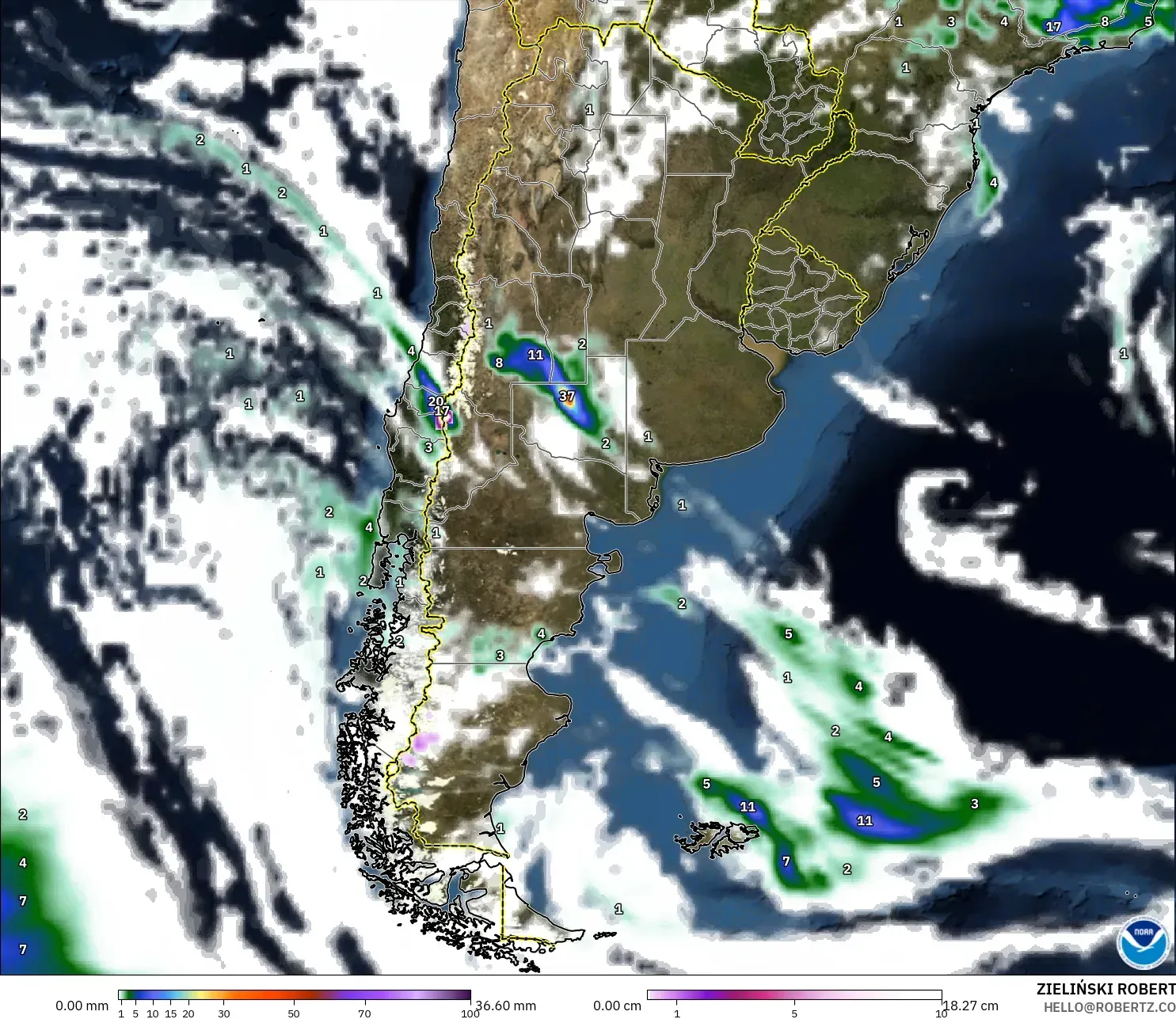 GFS modelo - Argentina, Precipitación, nubes y presión