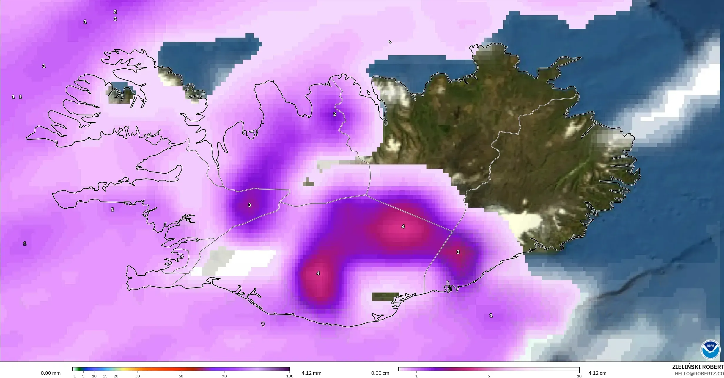 GFS modelo - Islandia, Precipitación, nubes y presión