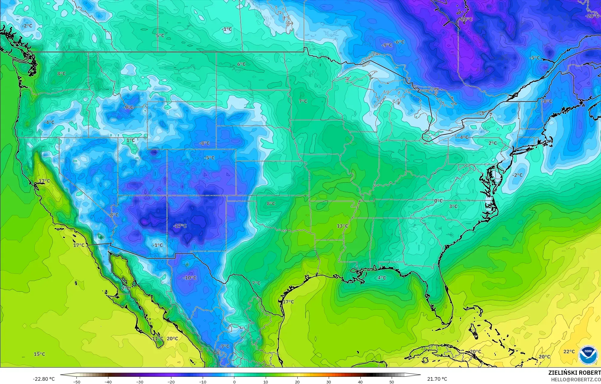 GFS modelo - Estados Unidos, Punto de rocío a 2 m