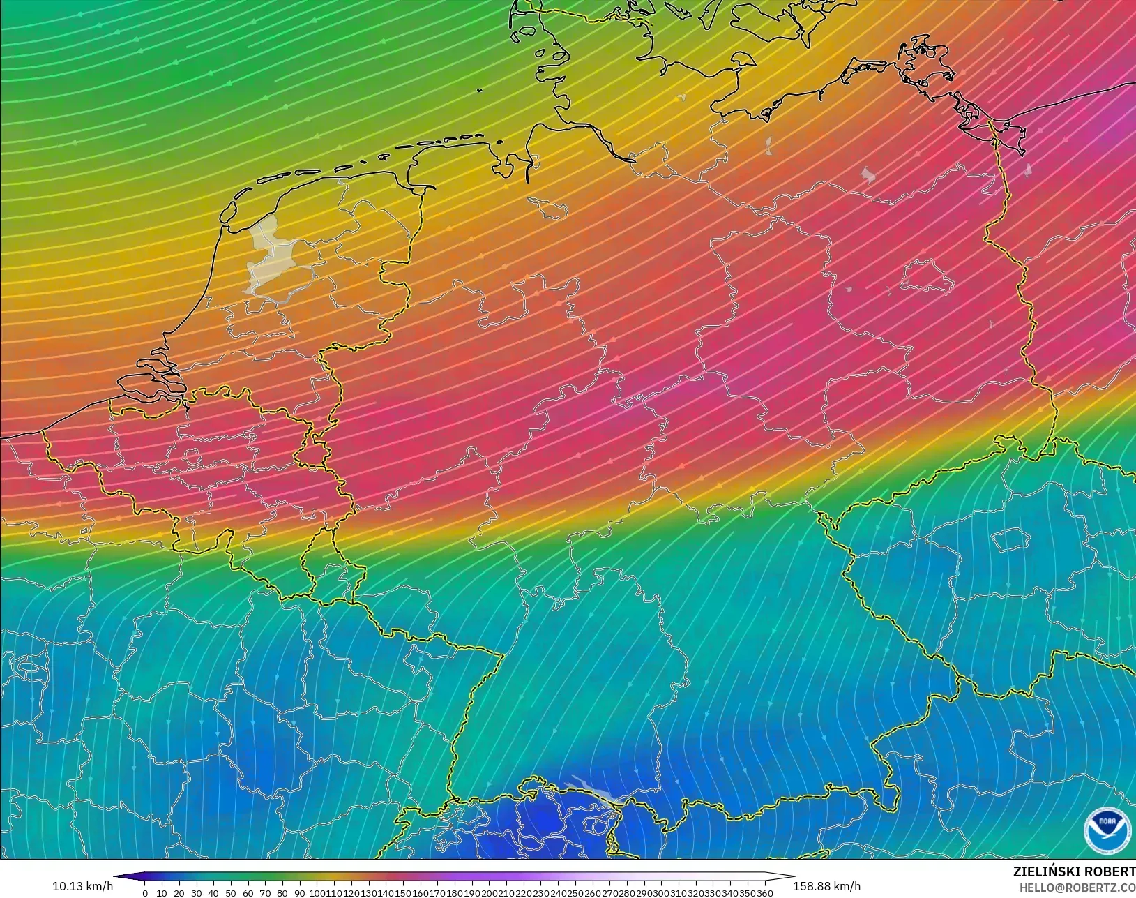 GFS modelo - Alemania, Viento a 300 hPa (corriente en chorro)