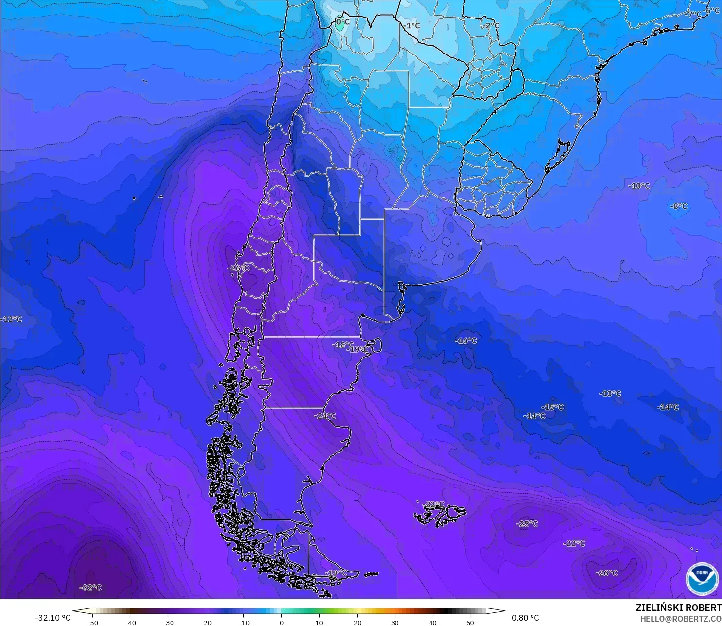 GFS modelo - Argentina, Temperatura a 500 hPa
