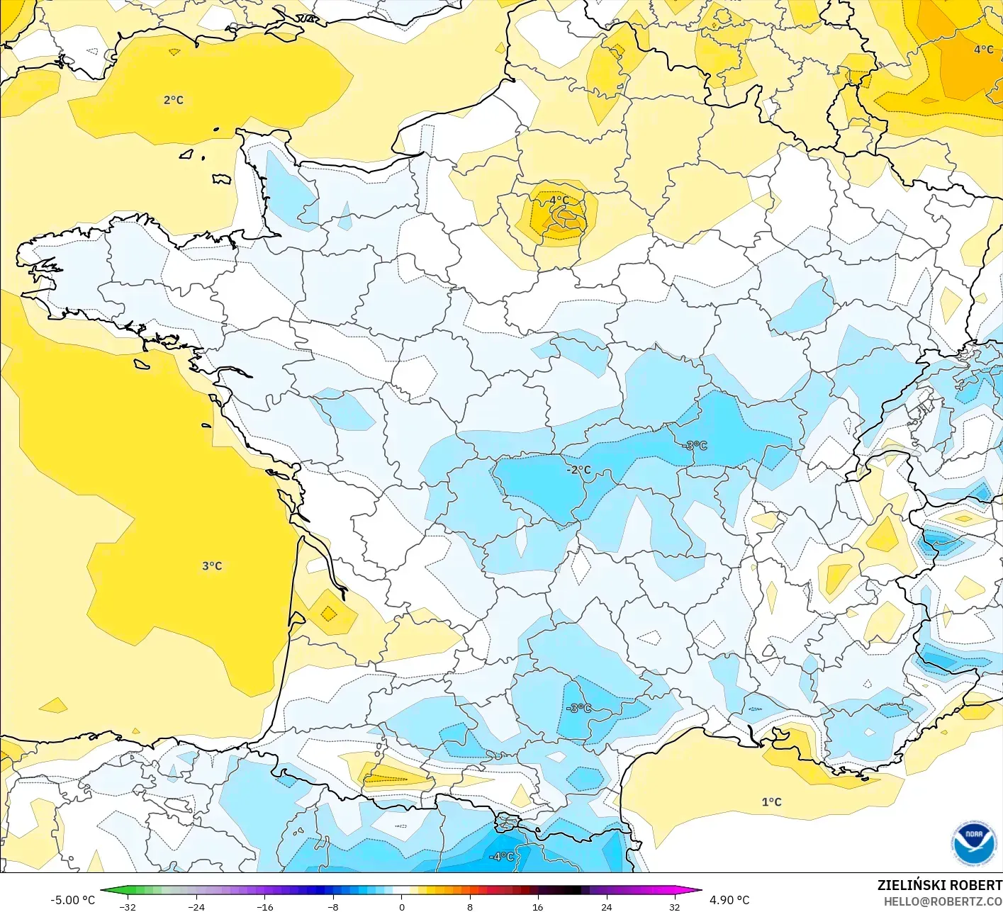 GFS modelo - Francia, Anomalía de temperatura a 2 m