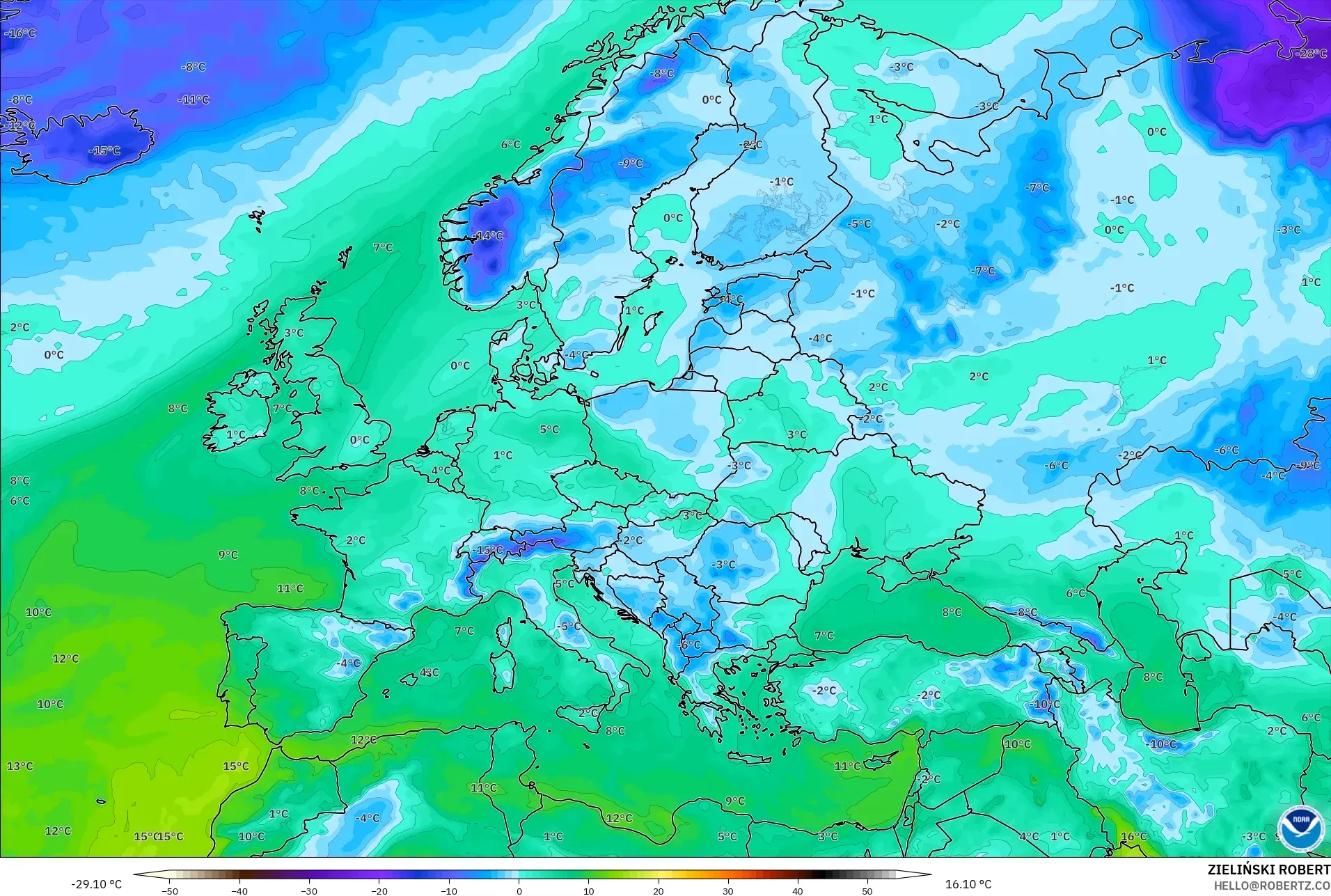 GFS modelo - Europa, Punto de rocío a 2 m