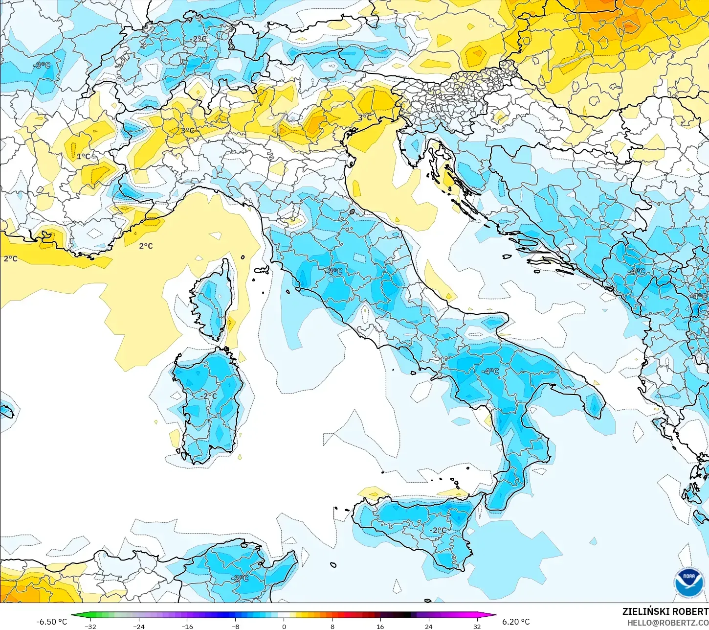 GFS modelo - Italia, Anomalía de temperatura a 2 m