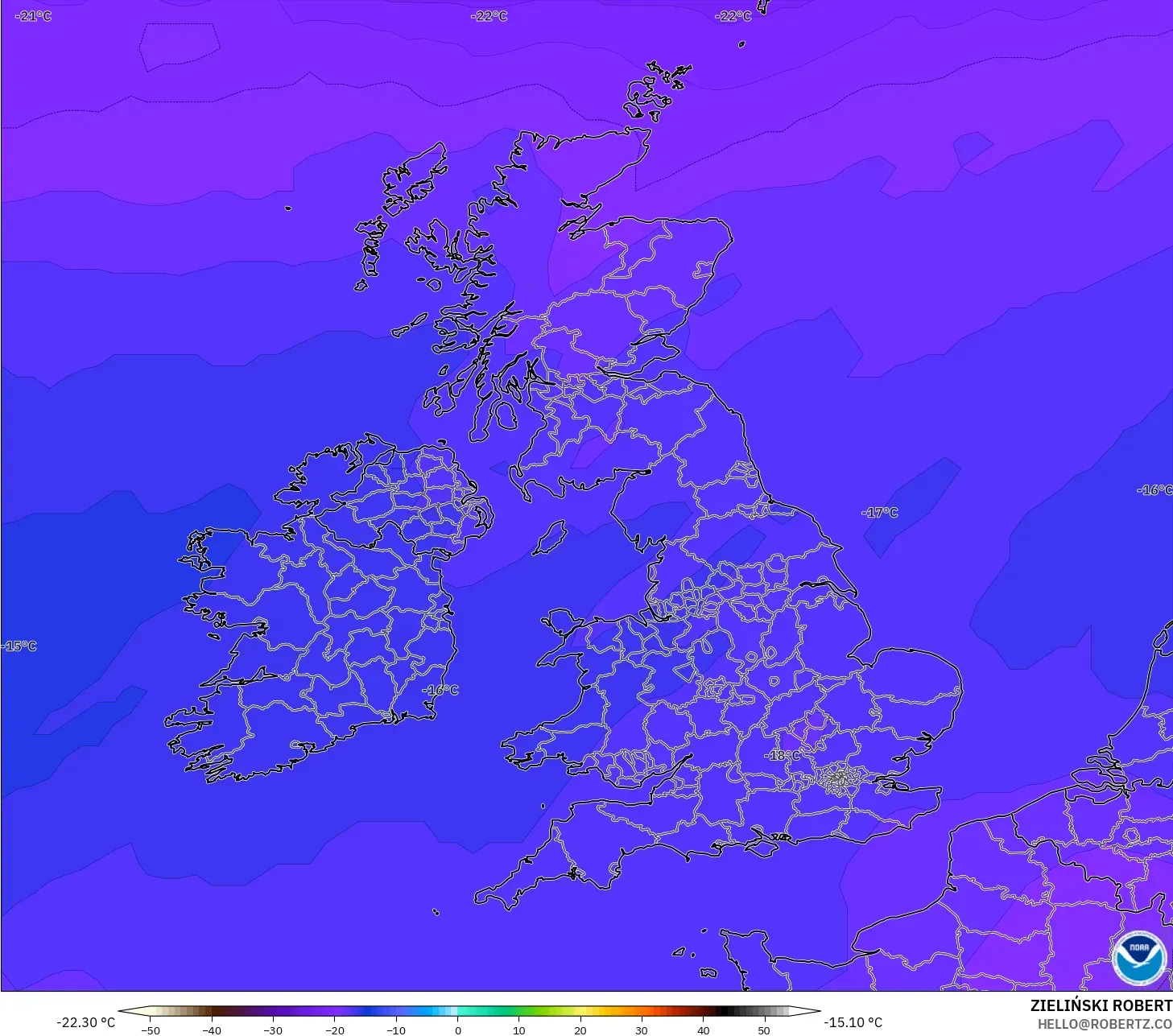GFS modelo - Reino Unido, Temperatura a 500 hPa