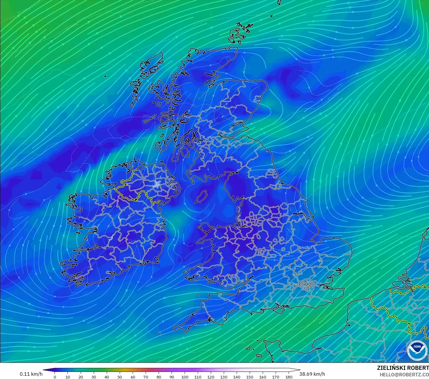 GFS modelo - Reino Unido, Viento a 10 m