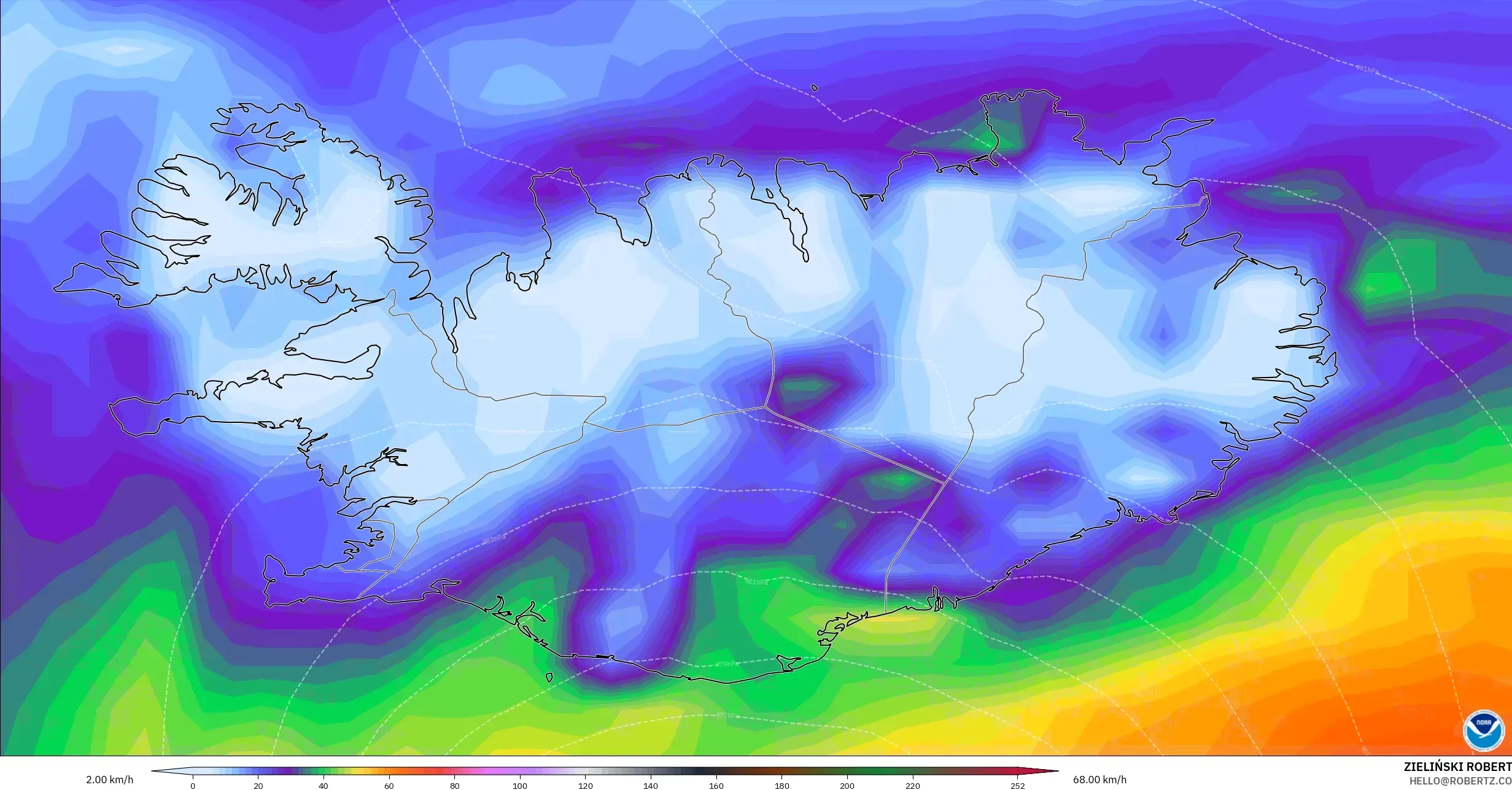 GFS modelo - Islandia, Ráfagas de viento