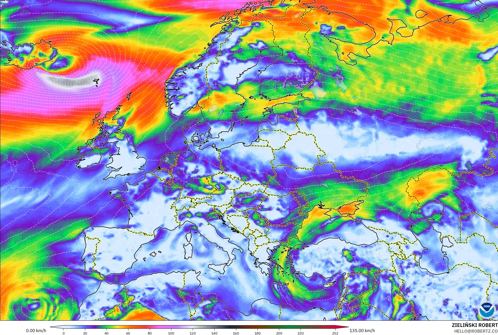 GFS modelo - Europa, Ráfagas de viento