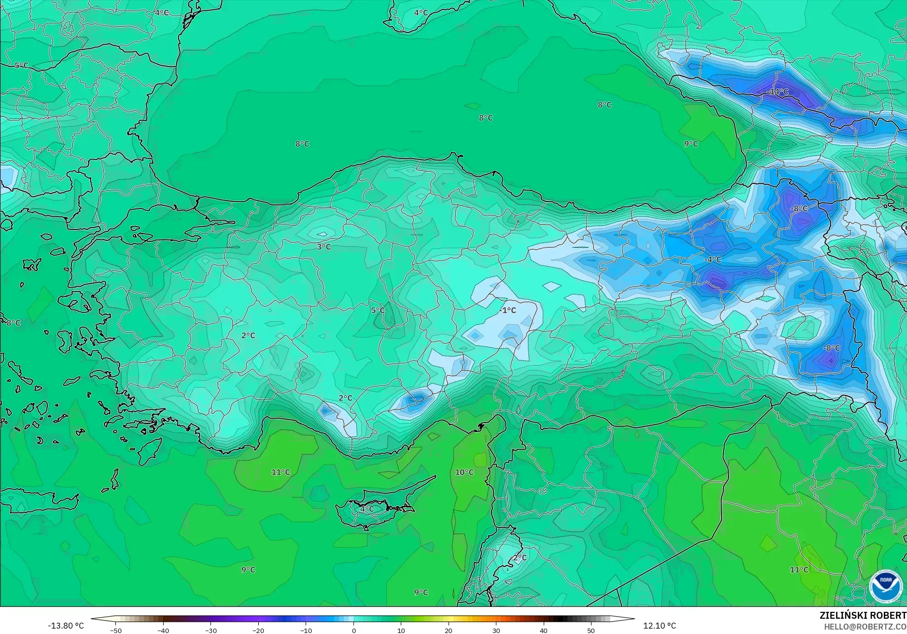 GFS modelo - Turquía, Punto de rocío a 2 m