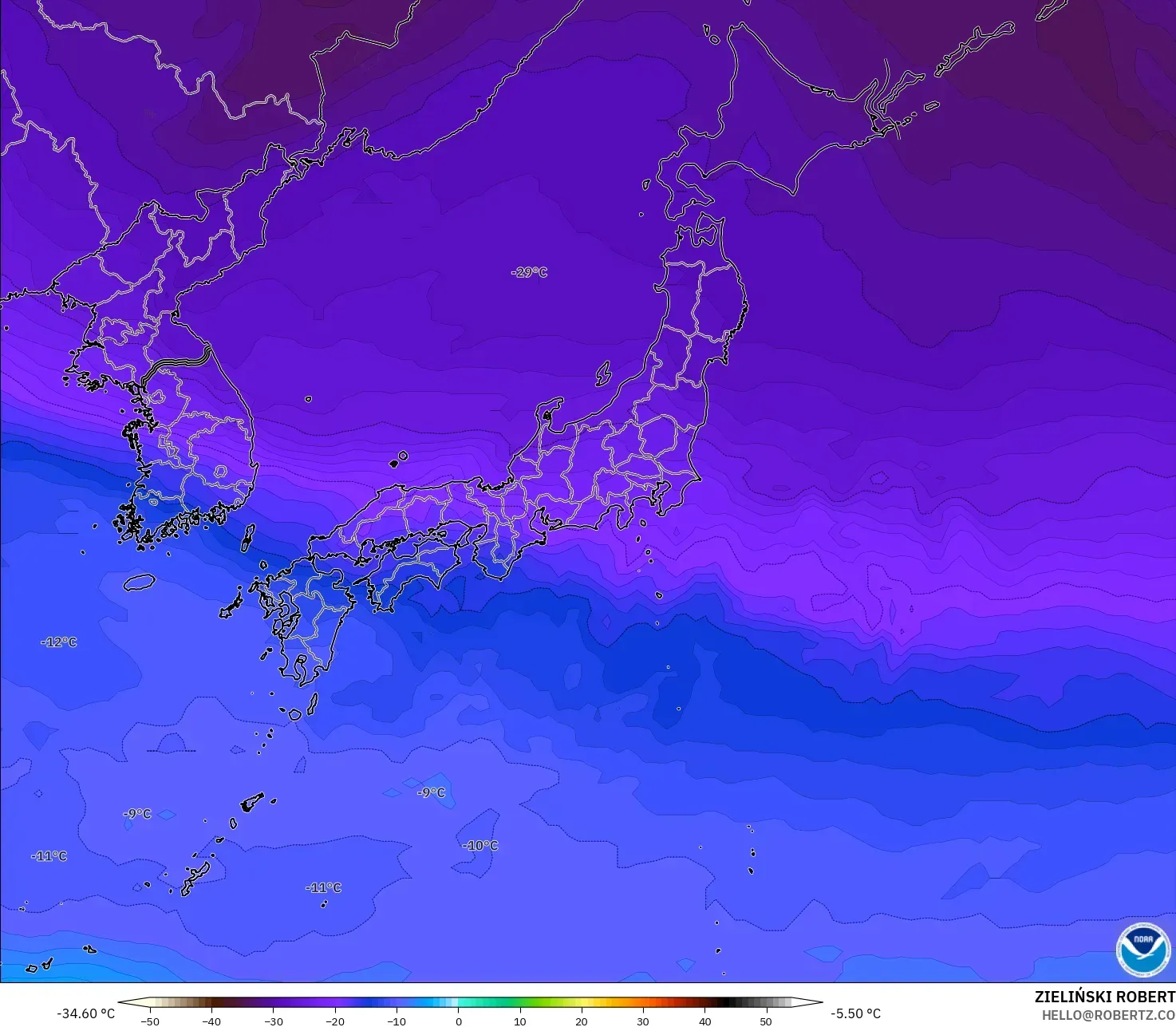 GFS modelo - Japón, Temperatura a 500 hPa