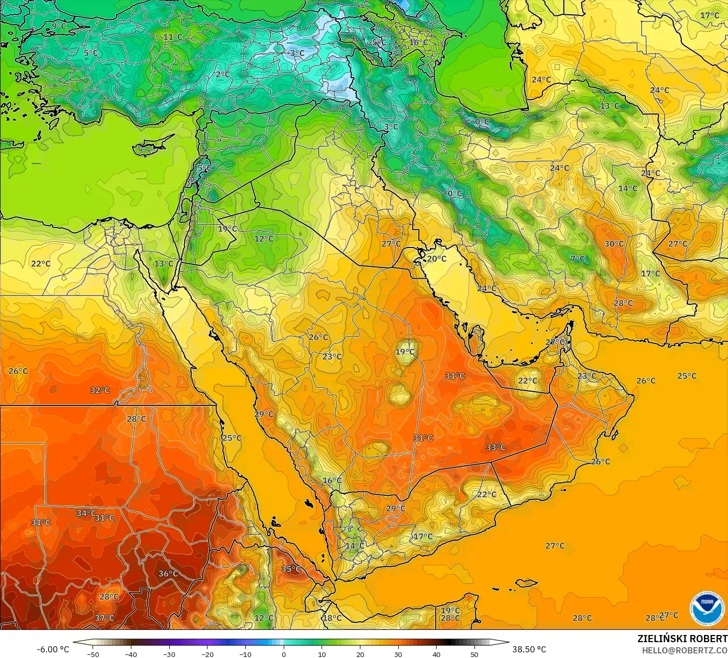 GFS modelo - Oriente Medio, Temperatura a 2 m