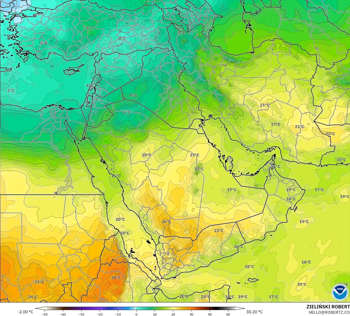 GFS modelo - Oriente Medio, Temperatura a 850 hPa