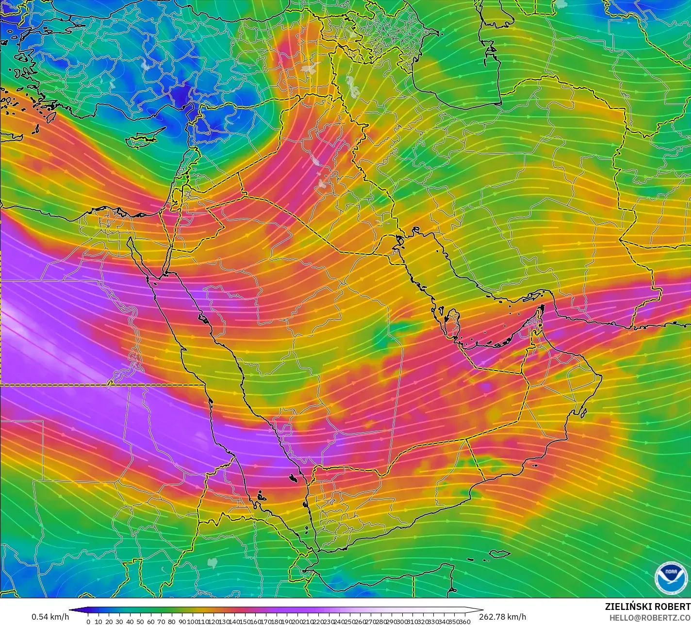 GFS modelo - Oriente Medio, Viento a 300 hPa (corriente en chorro)