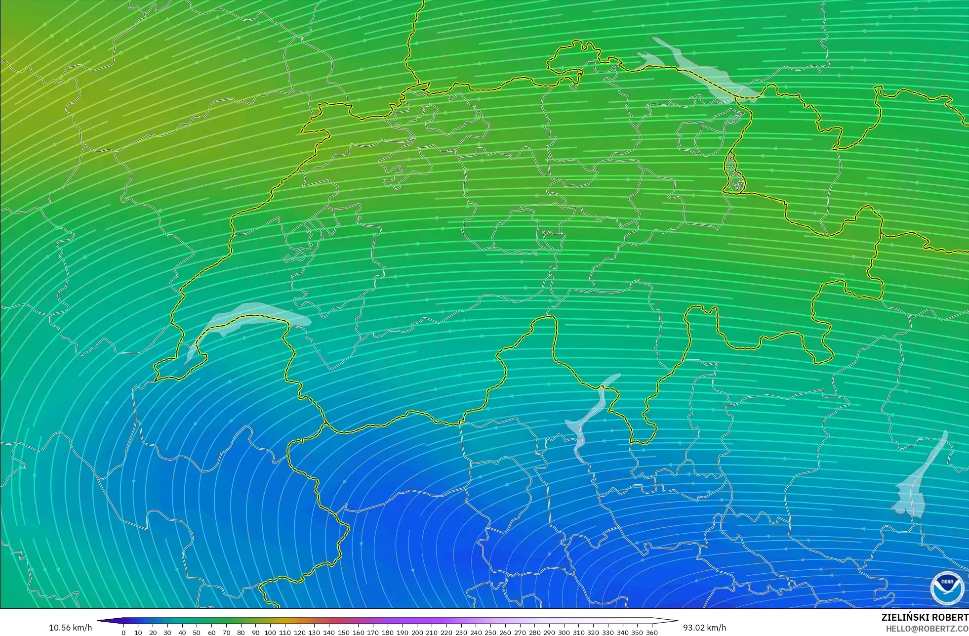 GFS modelo - Suiza, Viento a 300 hPa (corriente en chorro)