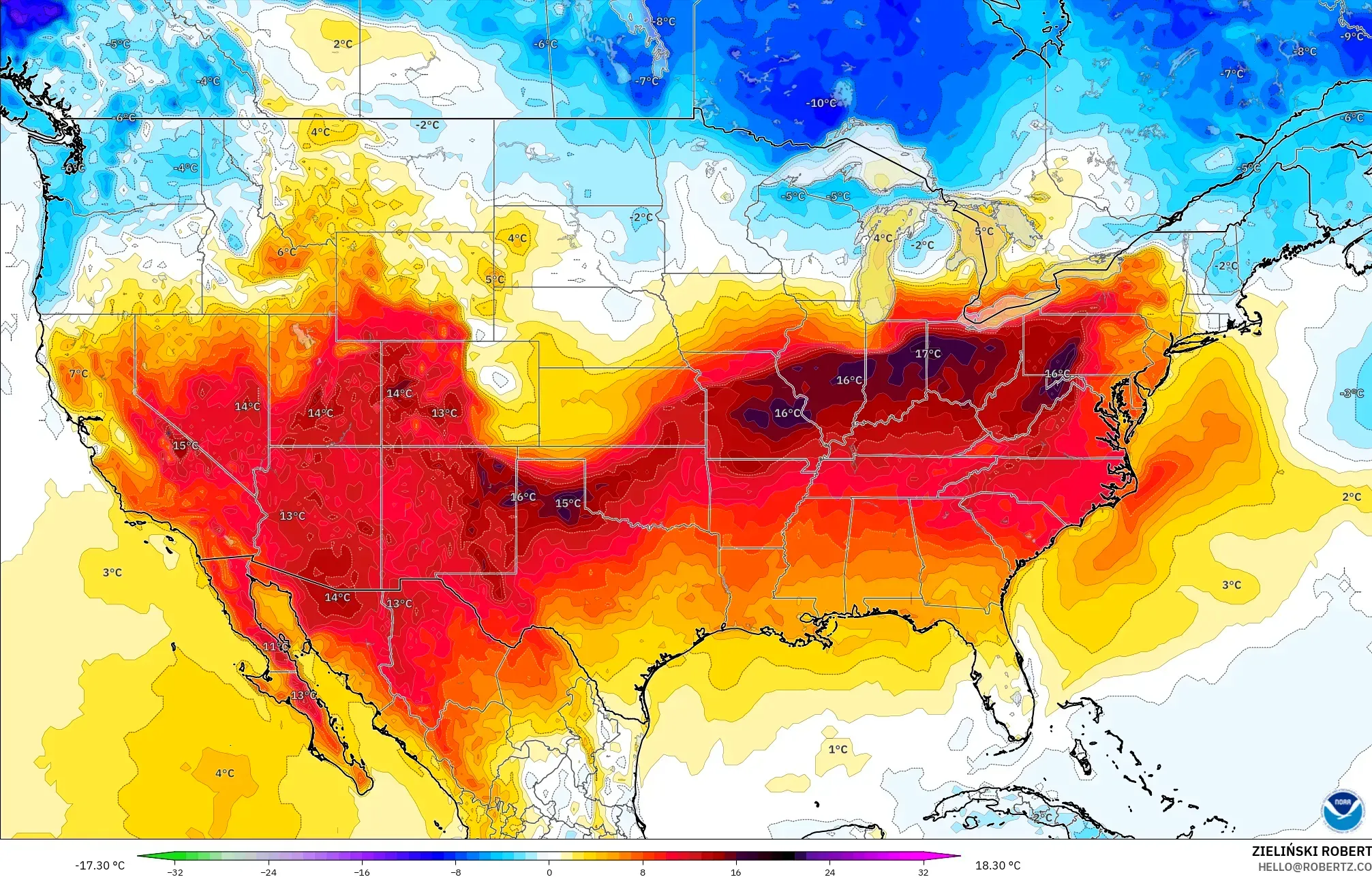 GFS modelo - Estados Unidos, Anomalía de temperatura a 2 m