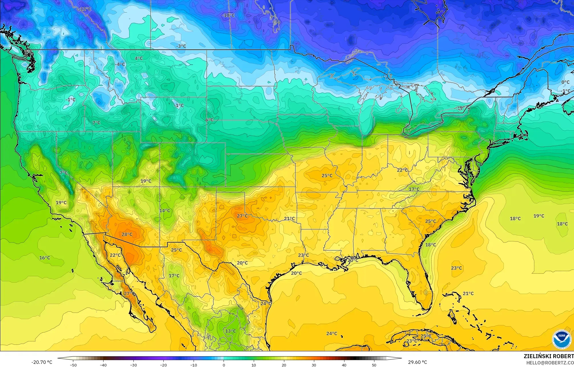 GFS modelo - Estados Unidos, Temperatura a 2 m