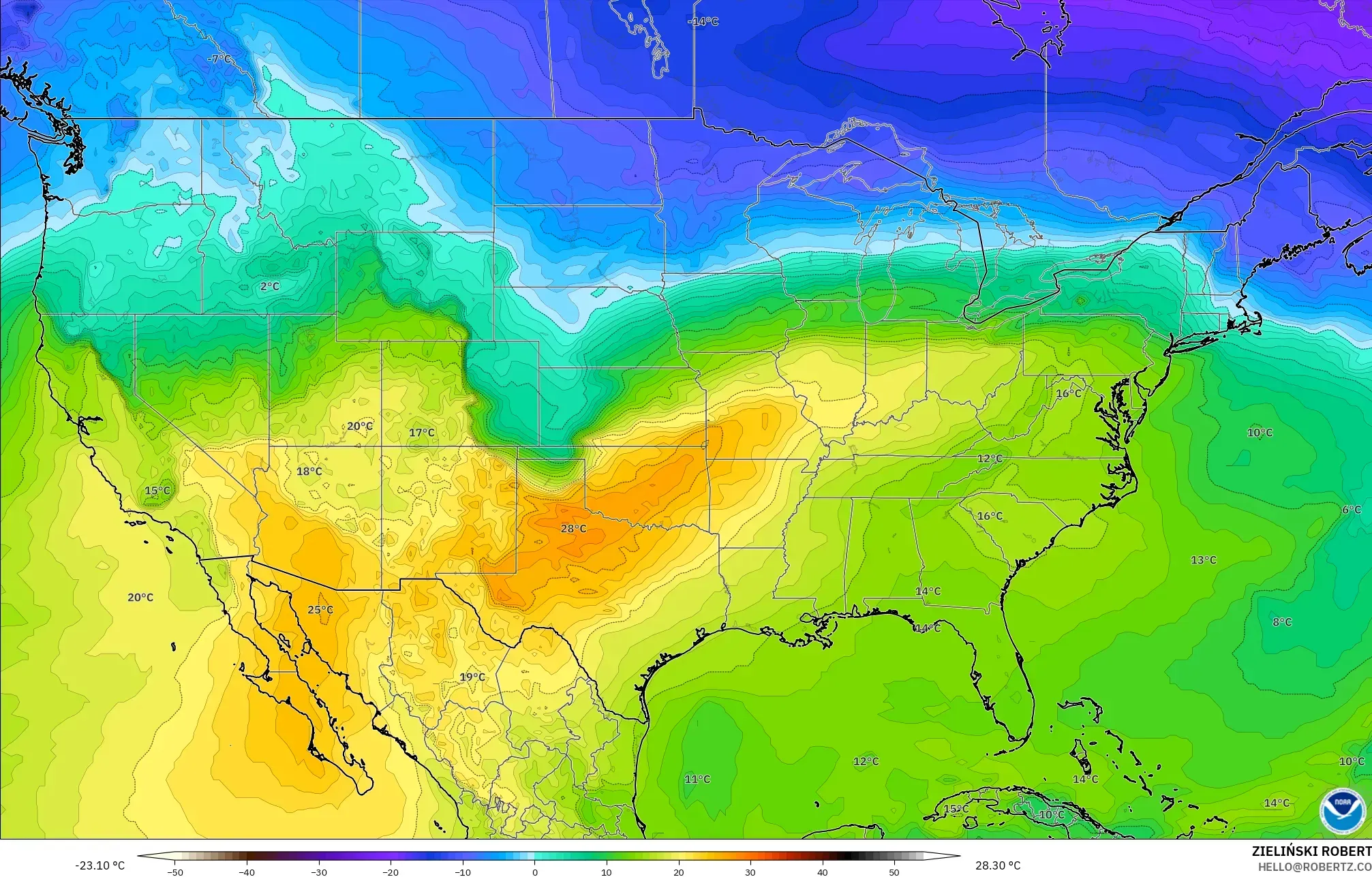 GFS modelo - Estados Unidos, Temperatura a 850 hPa
