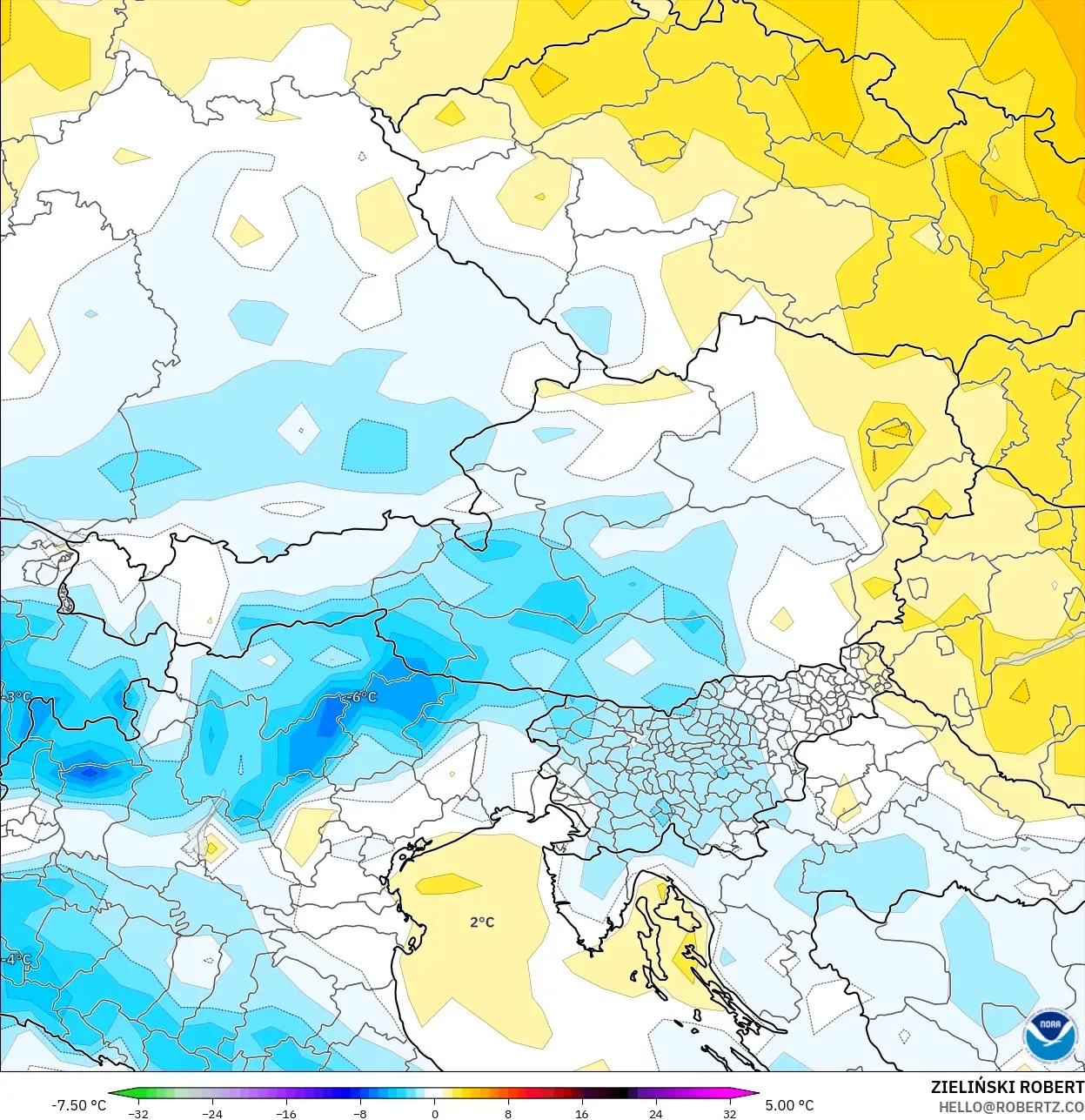 GFS modelo - Austria, Anomalía de temperatura a 2 m