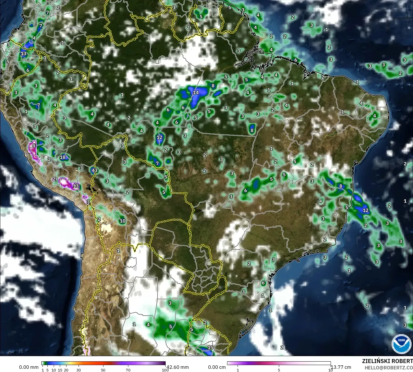 GFS modelo - Brasil, Precipitación, nubes y presión