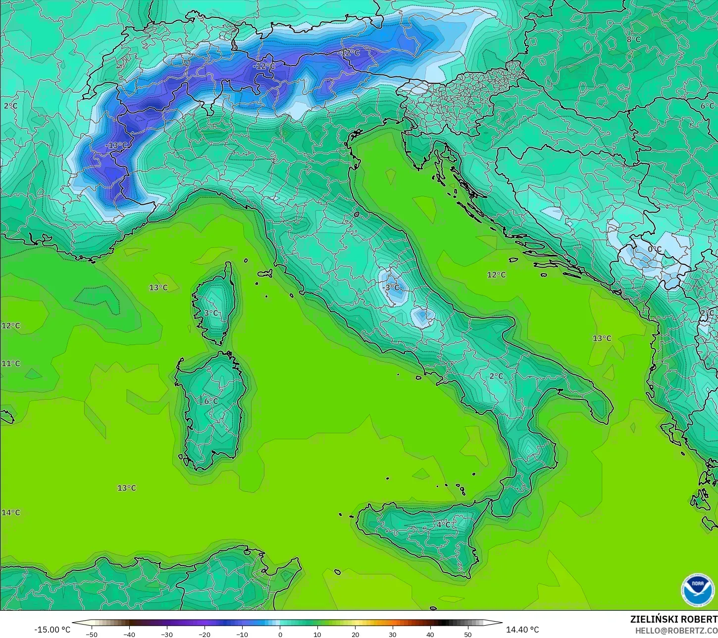 GFS modelo - Italia, Temperatura a 2 m