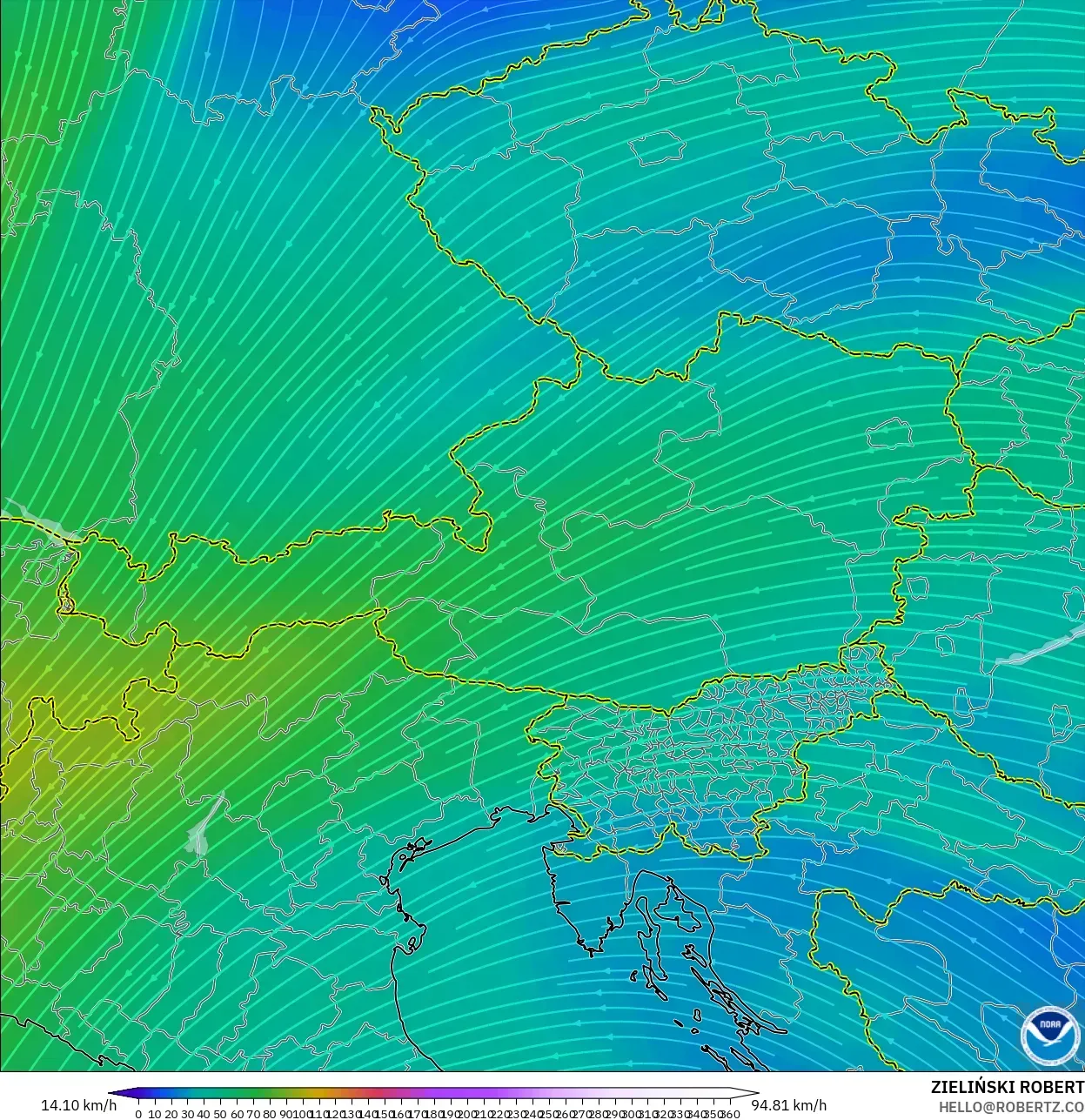 GFS modelo - Austria, Viento a 300 hPa (corriente en chorro)