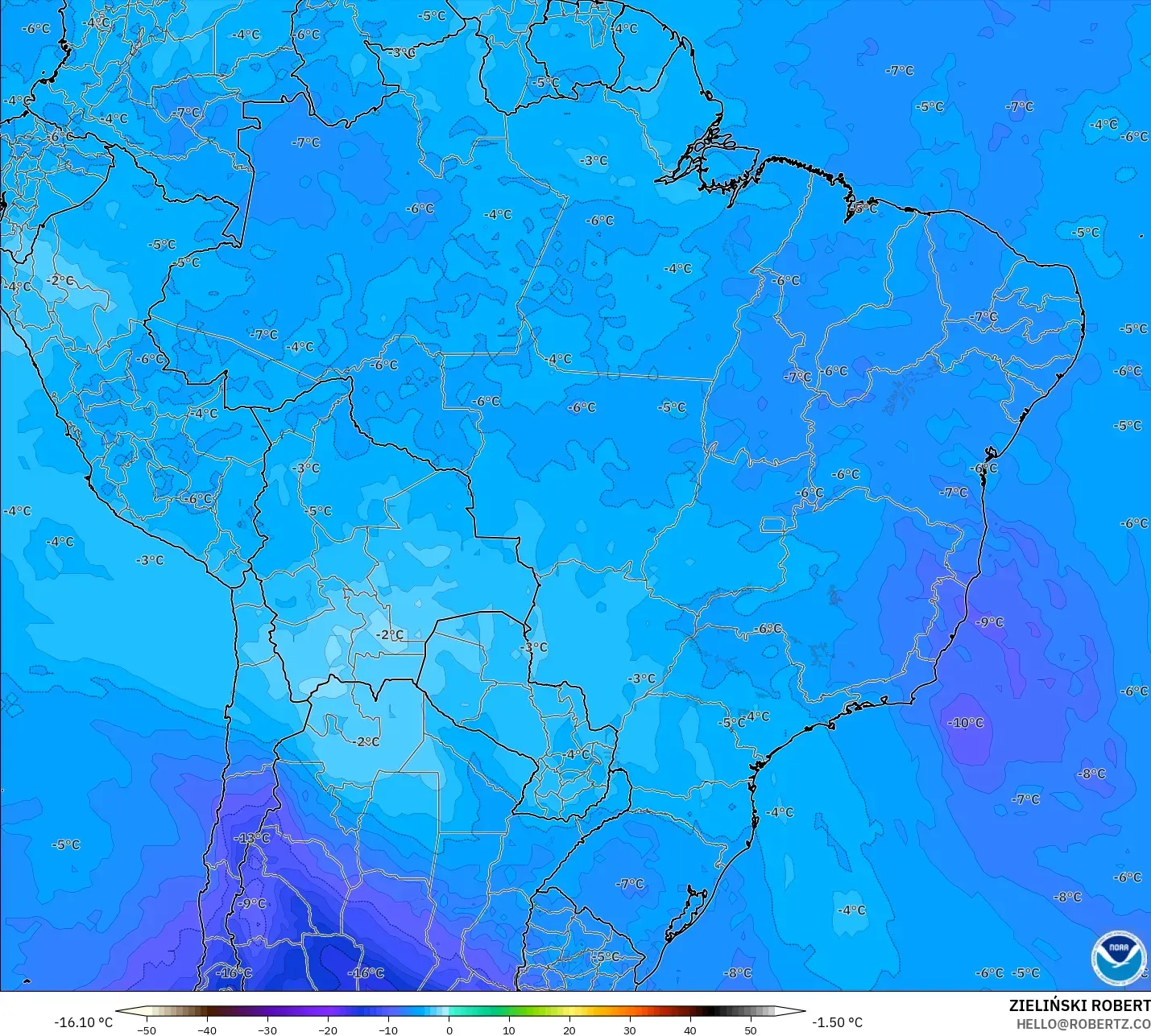 GFS modelo - Brasil, Temperatura a 500 hPa
