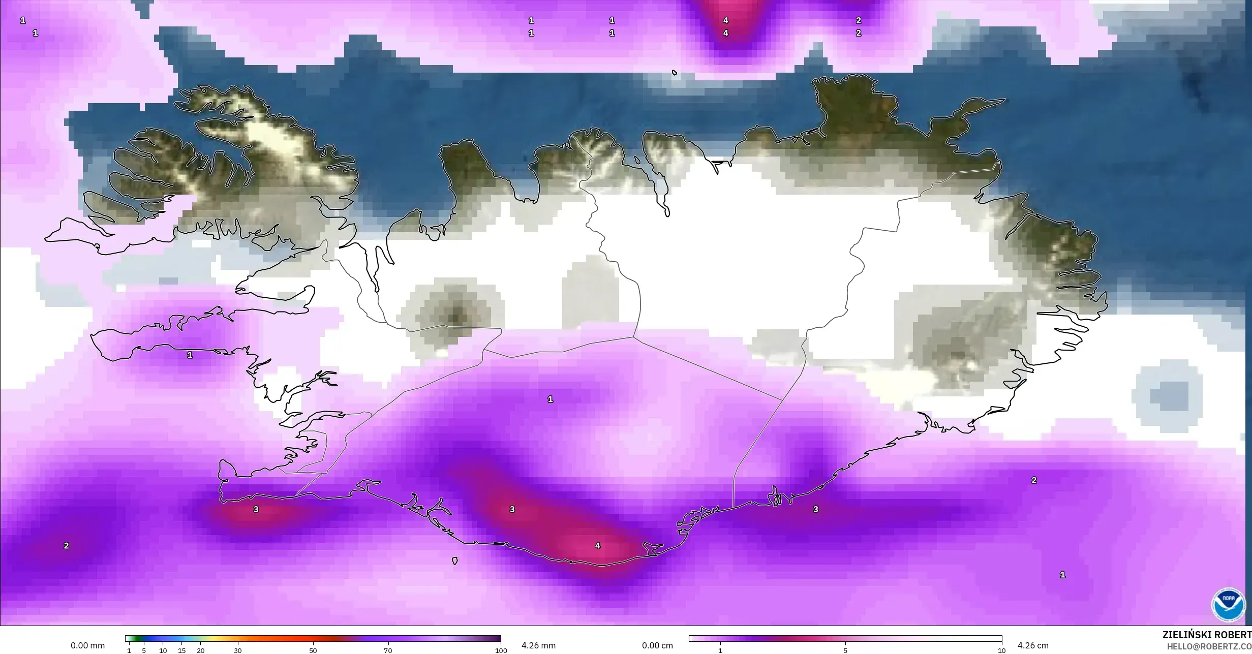 GFS modelo - Islandia, Precipitación, nubes y presión