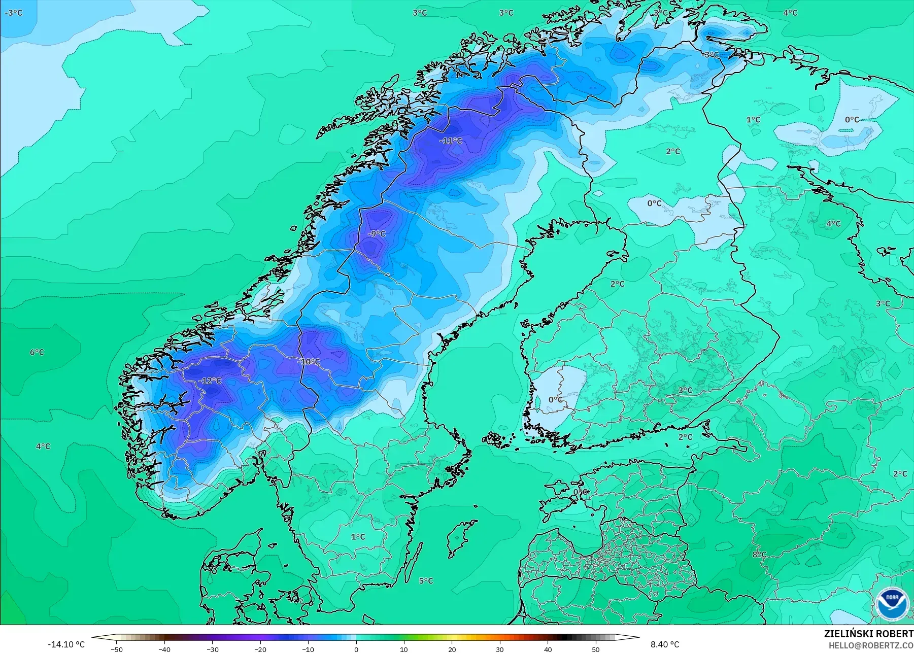 GFS modelo - Escandinavia, Temperatura a 2 m