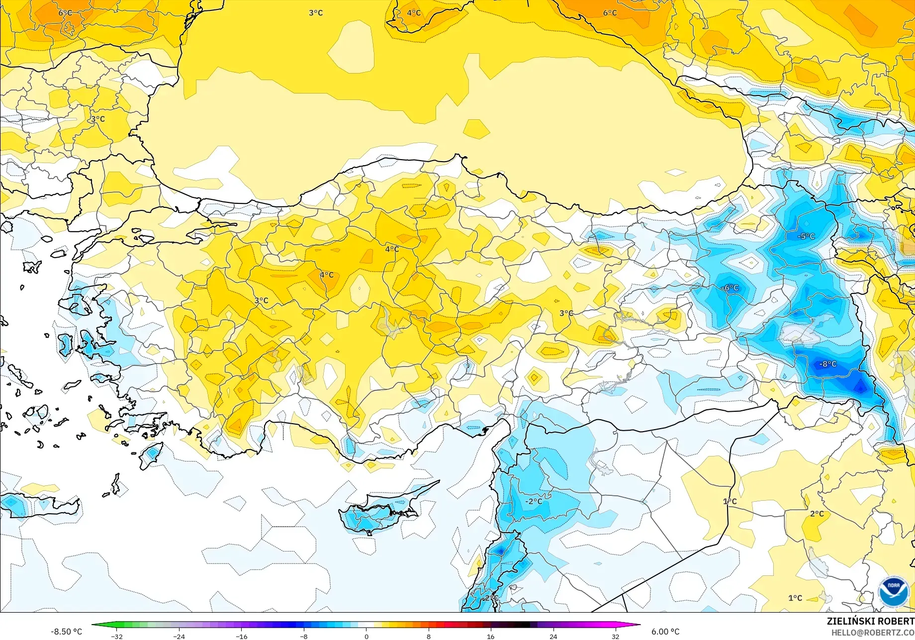 GFS modelo - Turquía, Anomalía de temperatura a 2 m