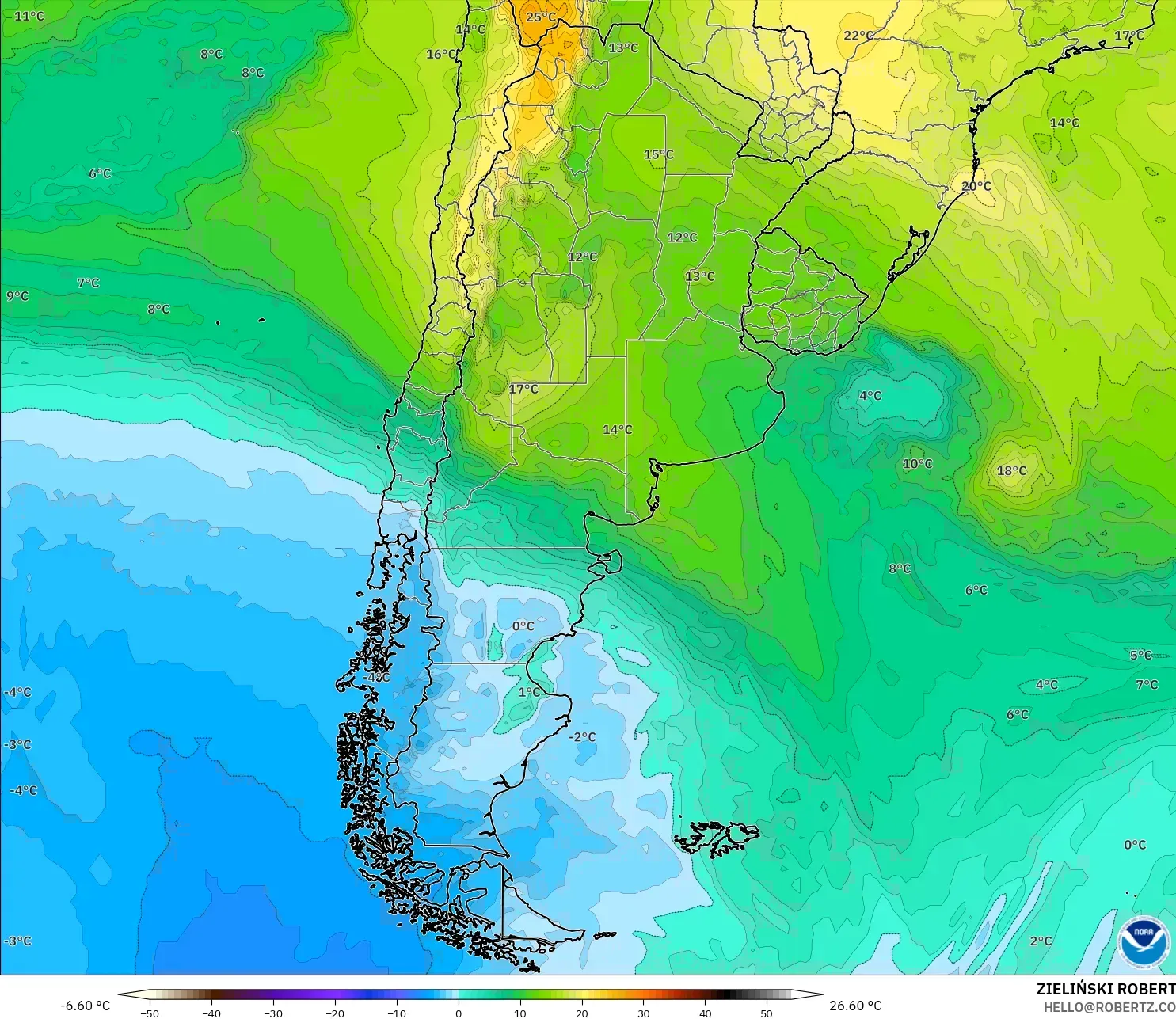 GFS modelo - Argentina, Temperatura a 850 hPa